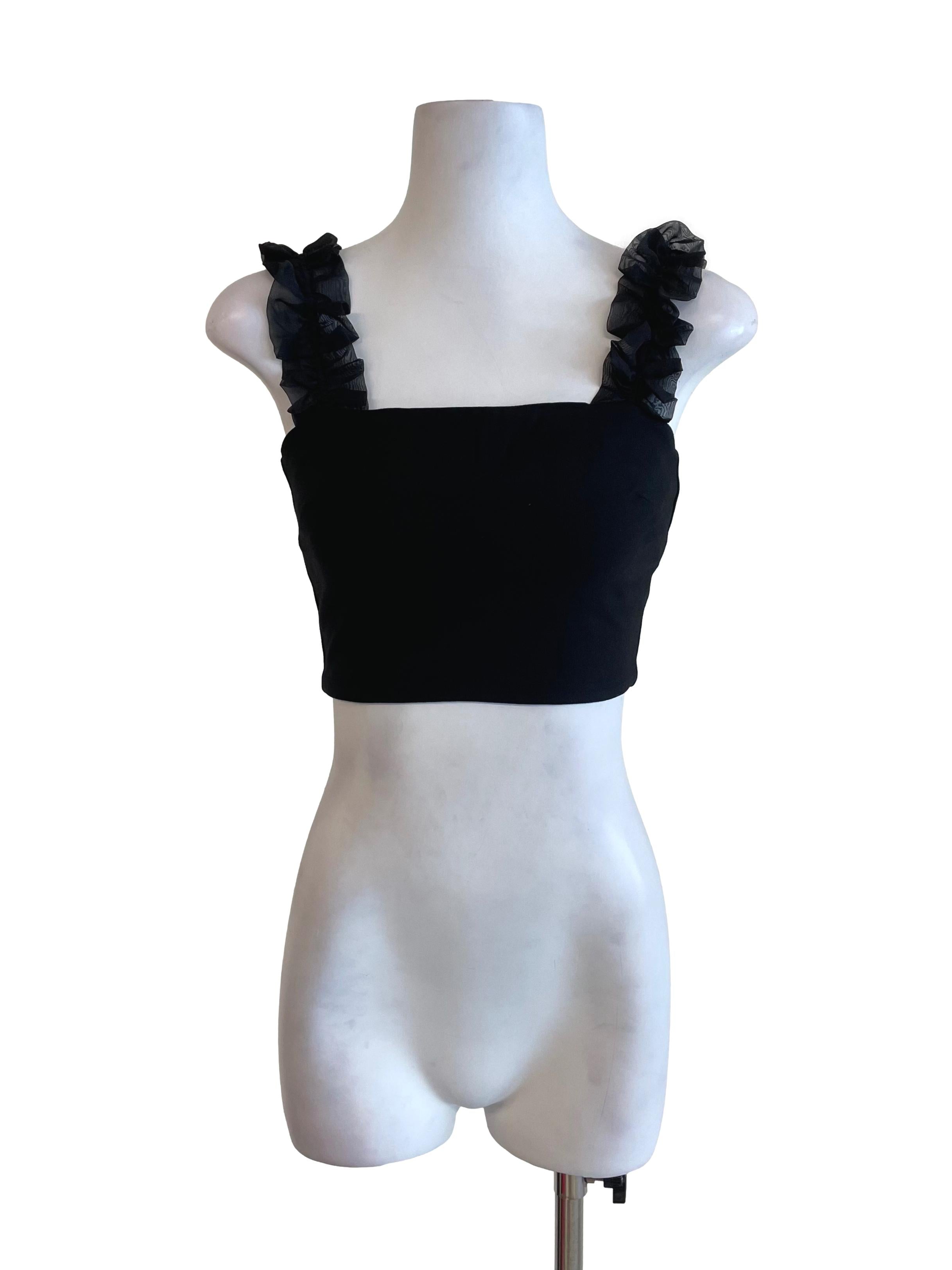 Black Ruffle Mesh Straps Crop Top