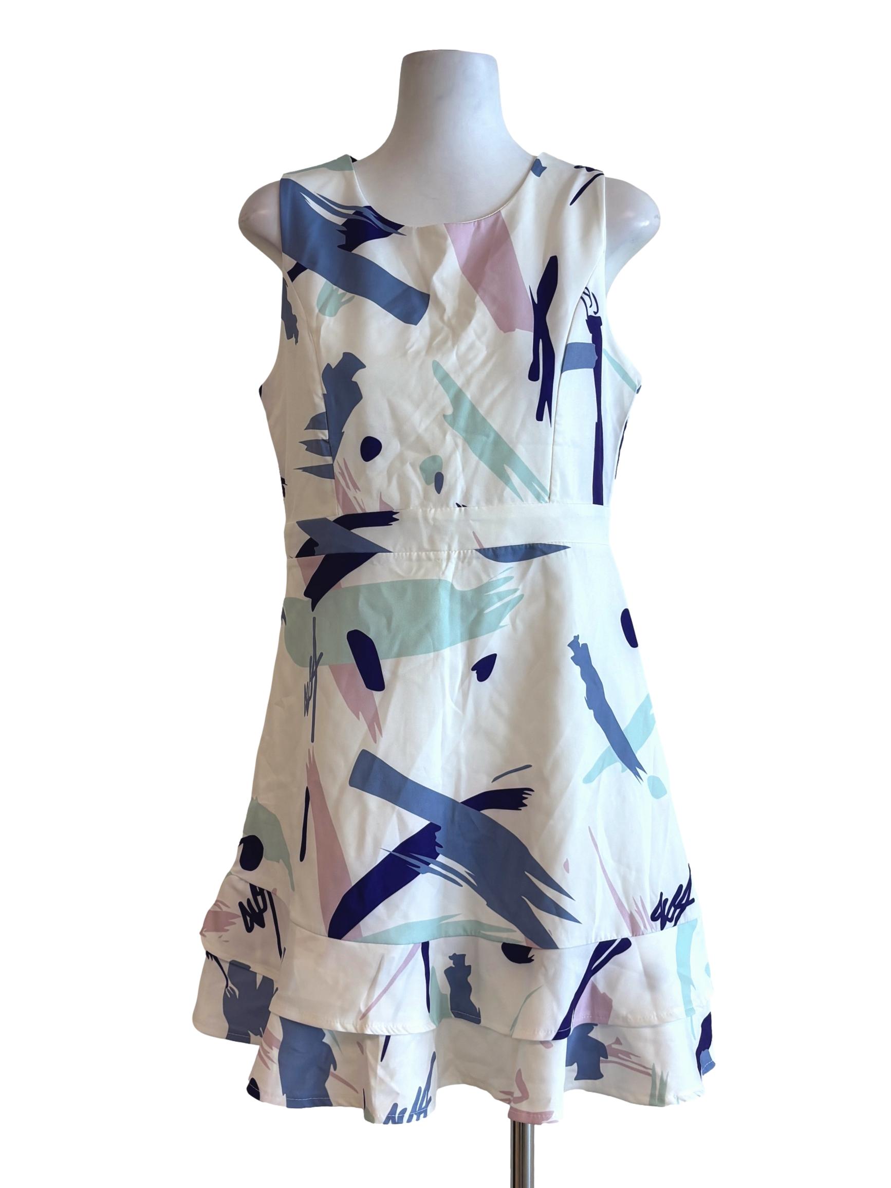 Pearl White Blue Patterned A-Line Dress