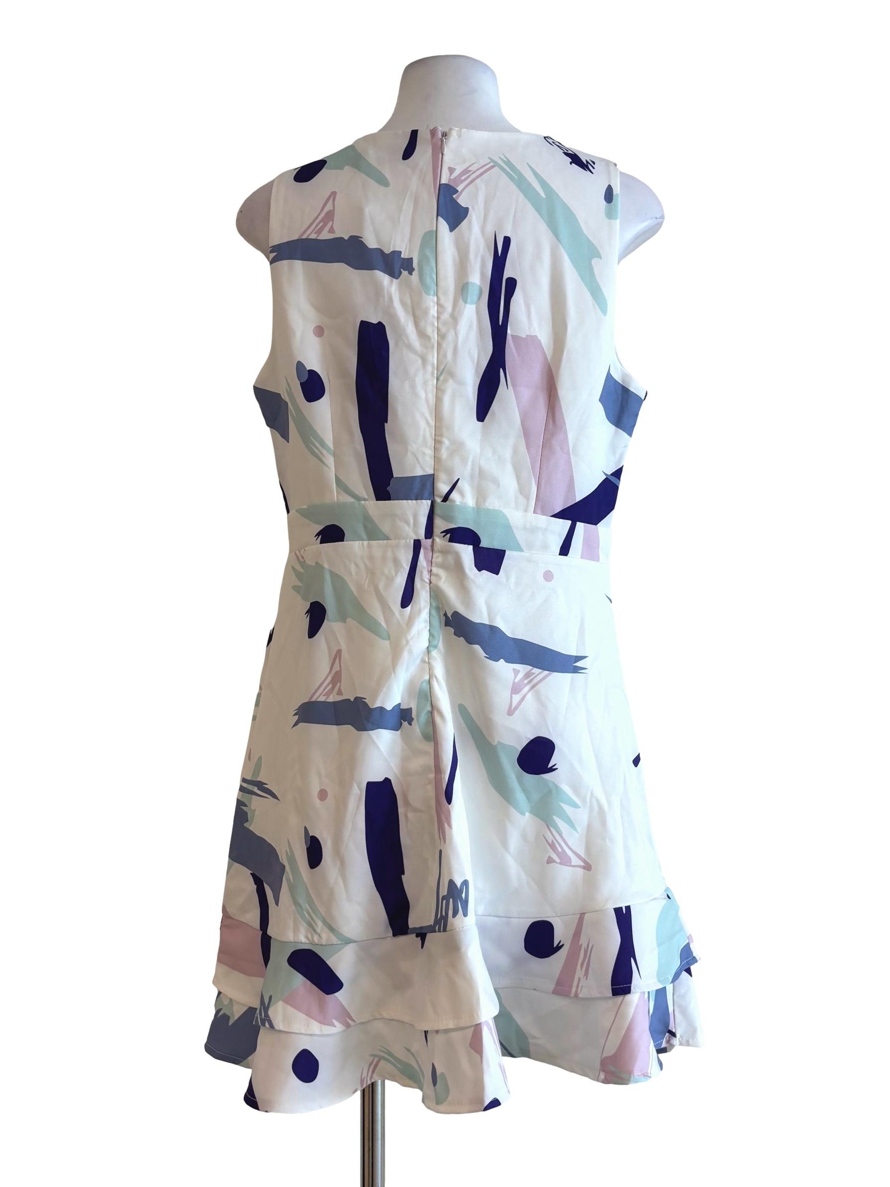 Pearl White Blue Patterned A-Line Dress
