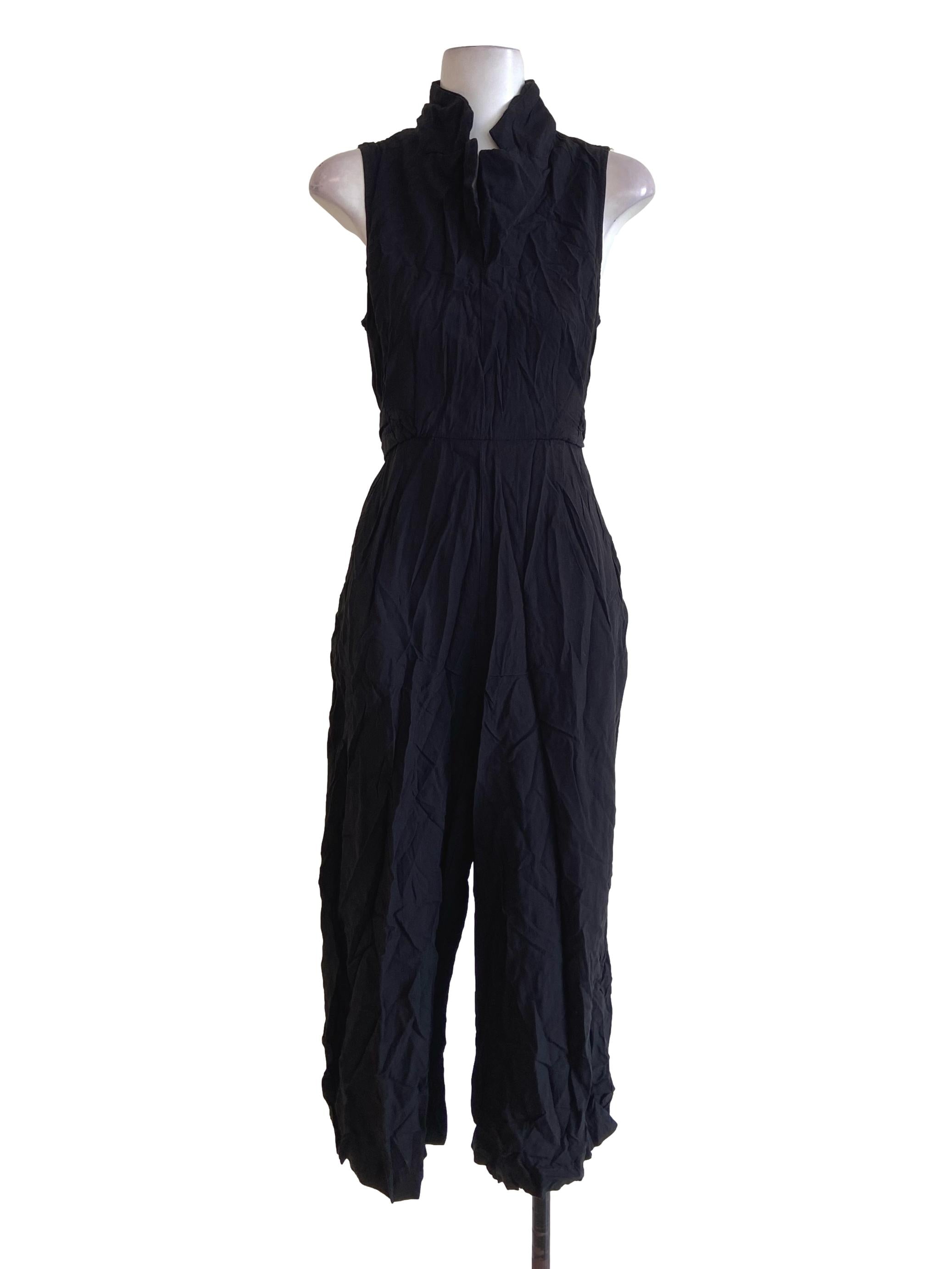 Black Sleeveless Wing Collar Twill Jumpsuit