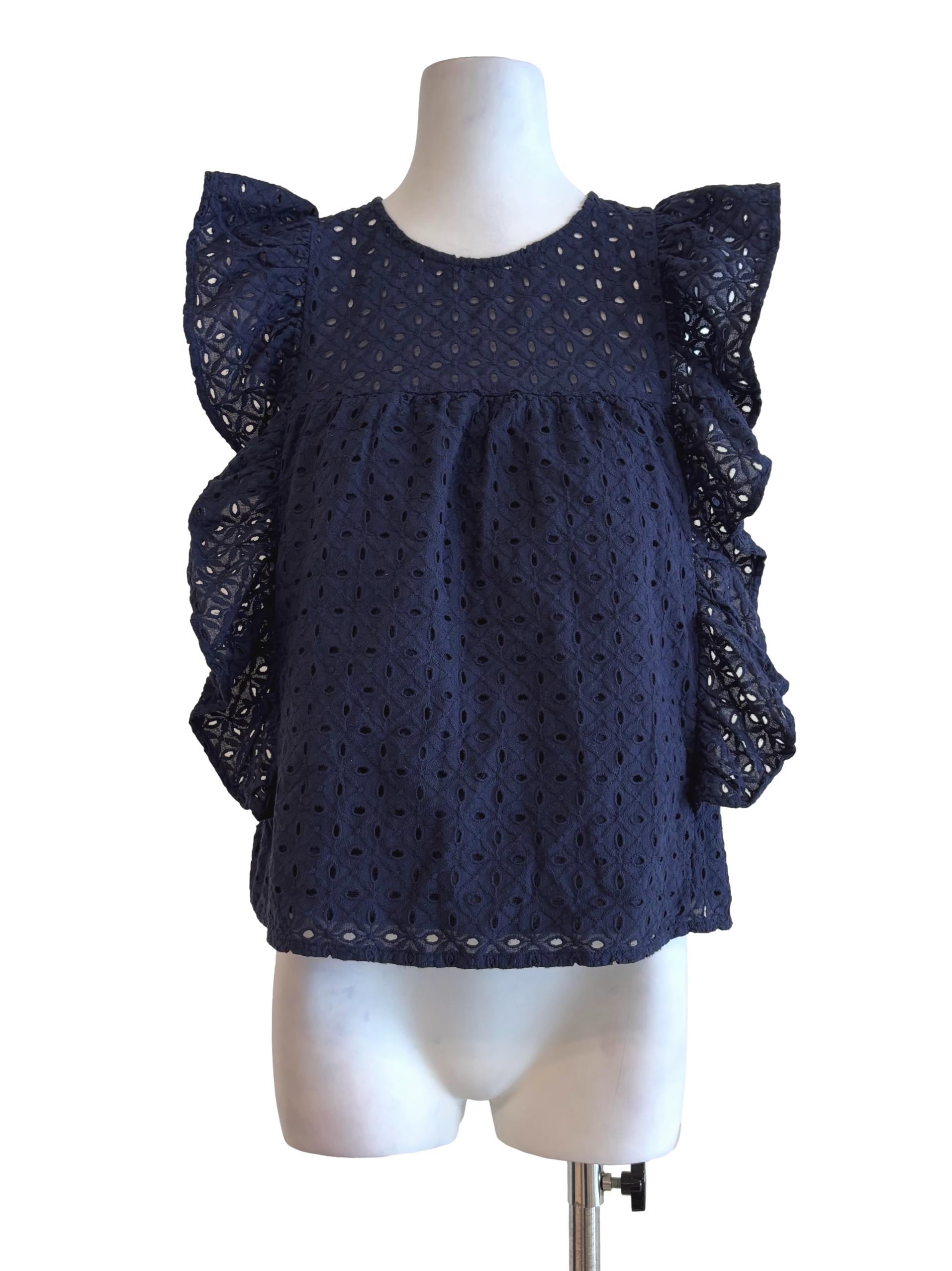 Navy Blue Ruffle Cotton Eyelet Top LB