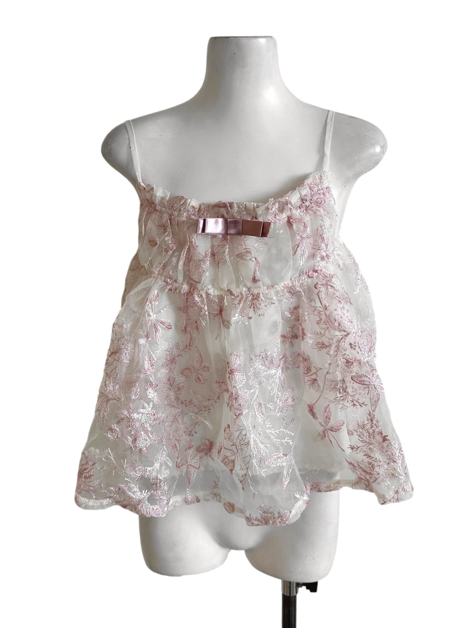 White Pink Lace Textured Babydoll Top