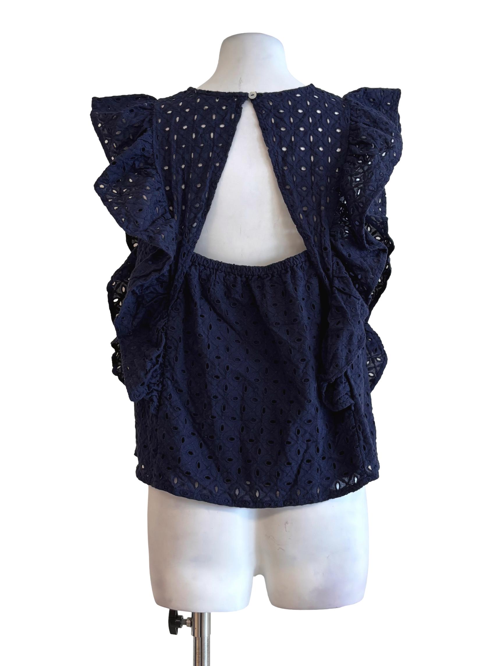 Navy Blue Ruffle Cotton Eyelet Top LB