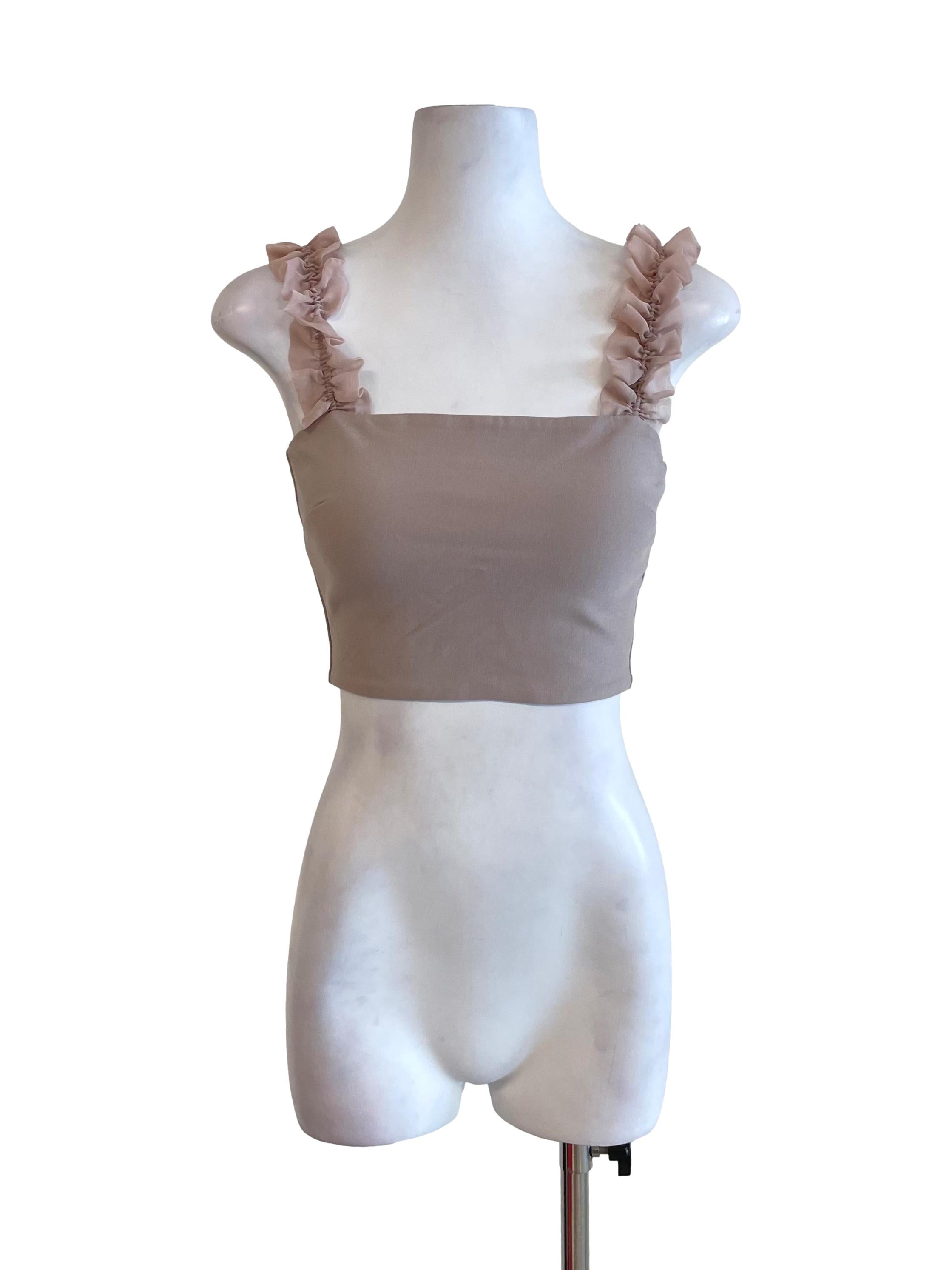 Bone Ruffle Mesh Straps Crop Top