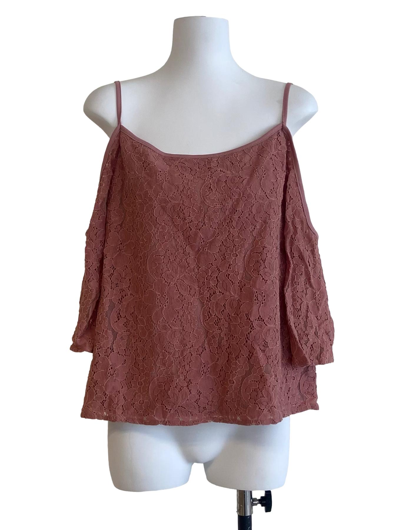 Salmon Pink Floral Lace Cold Shoulder Top