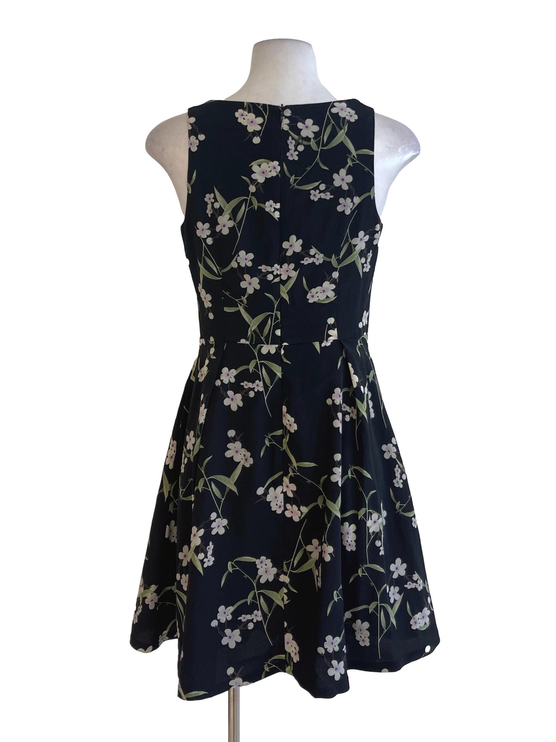 Black Floral Wide U Neck A Line Dress