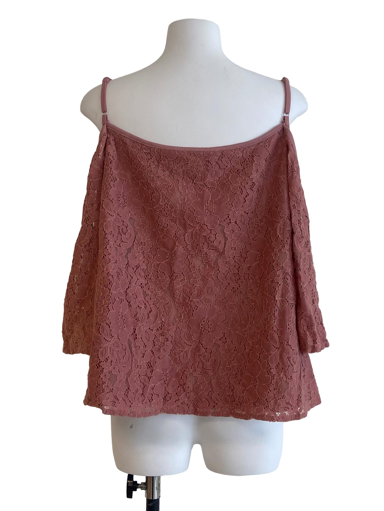 Salmon Pink Floral Lace Cold Shoulder Top