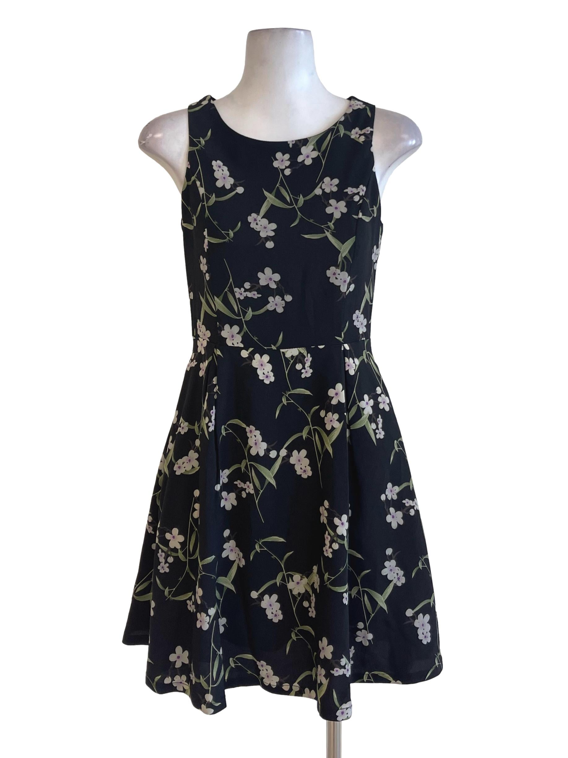 Black Floral Wide U Neck A Line Dress