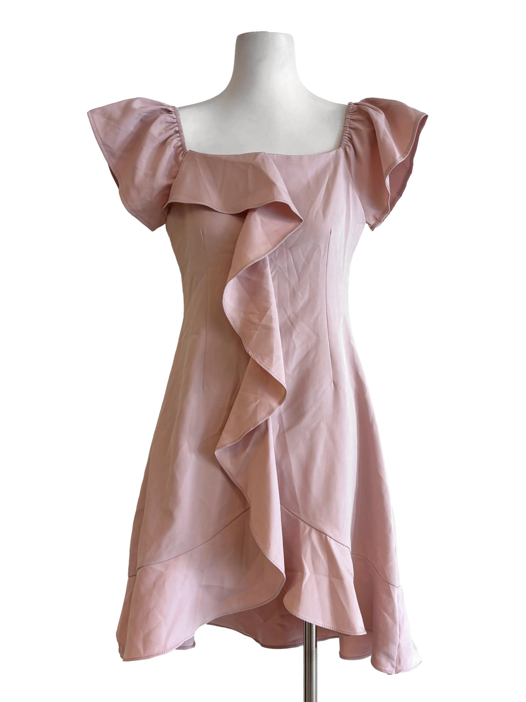 Baby Pink Cape Sleeve Ruffle Dress