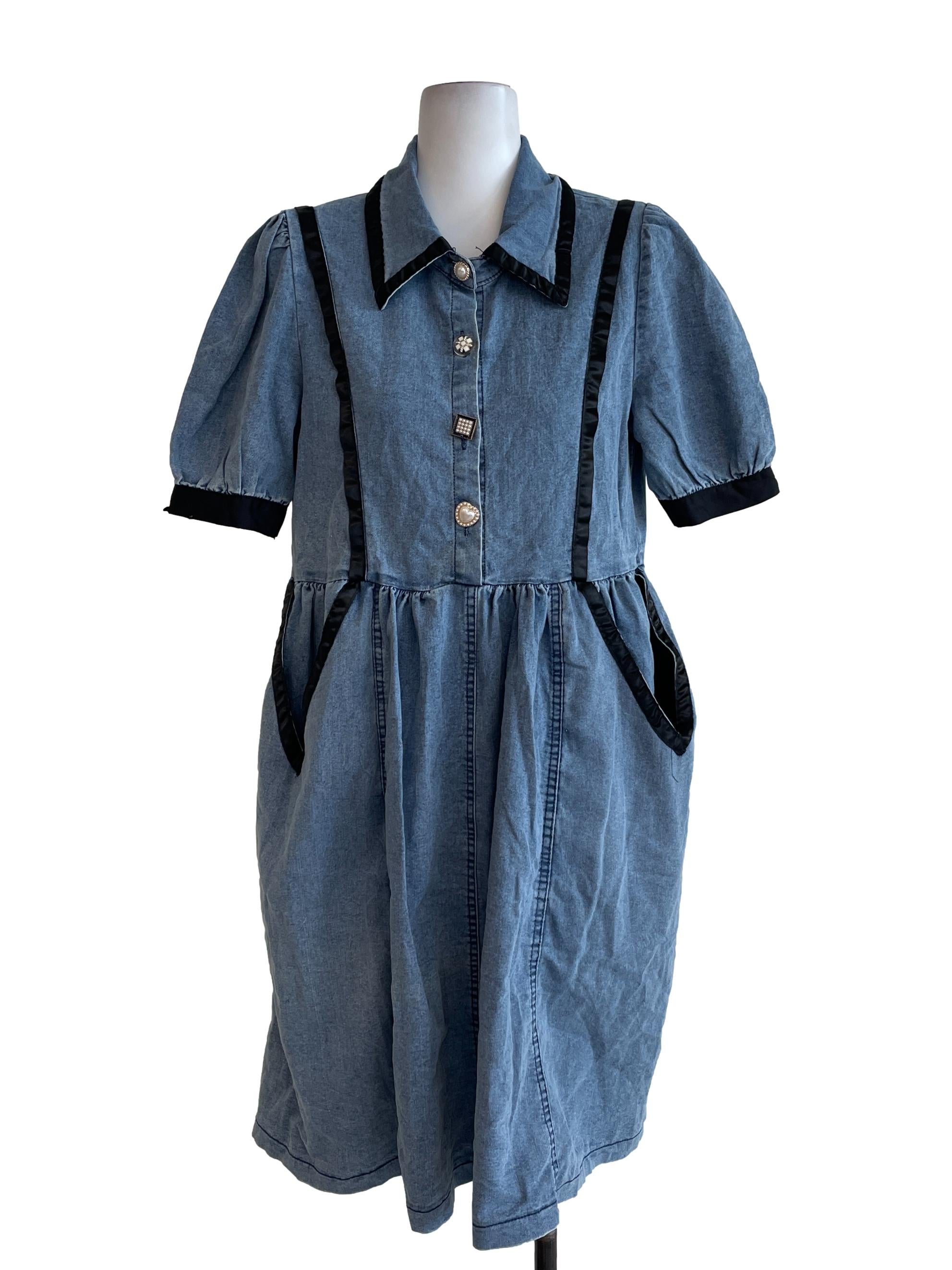 Stone Blue Puffed Sleeves Dress
