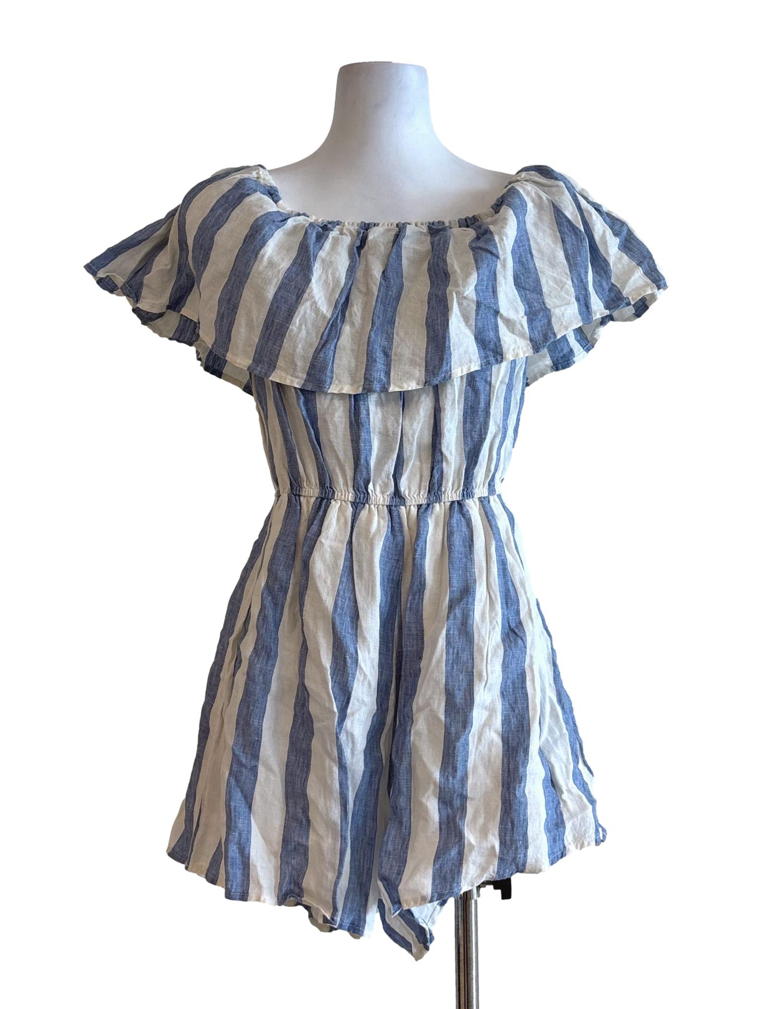 Lapis Blue And White Stripe Linen Romper TEM
