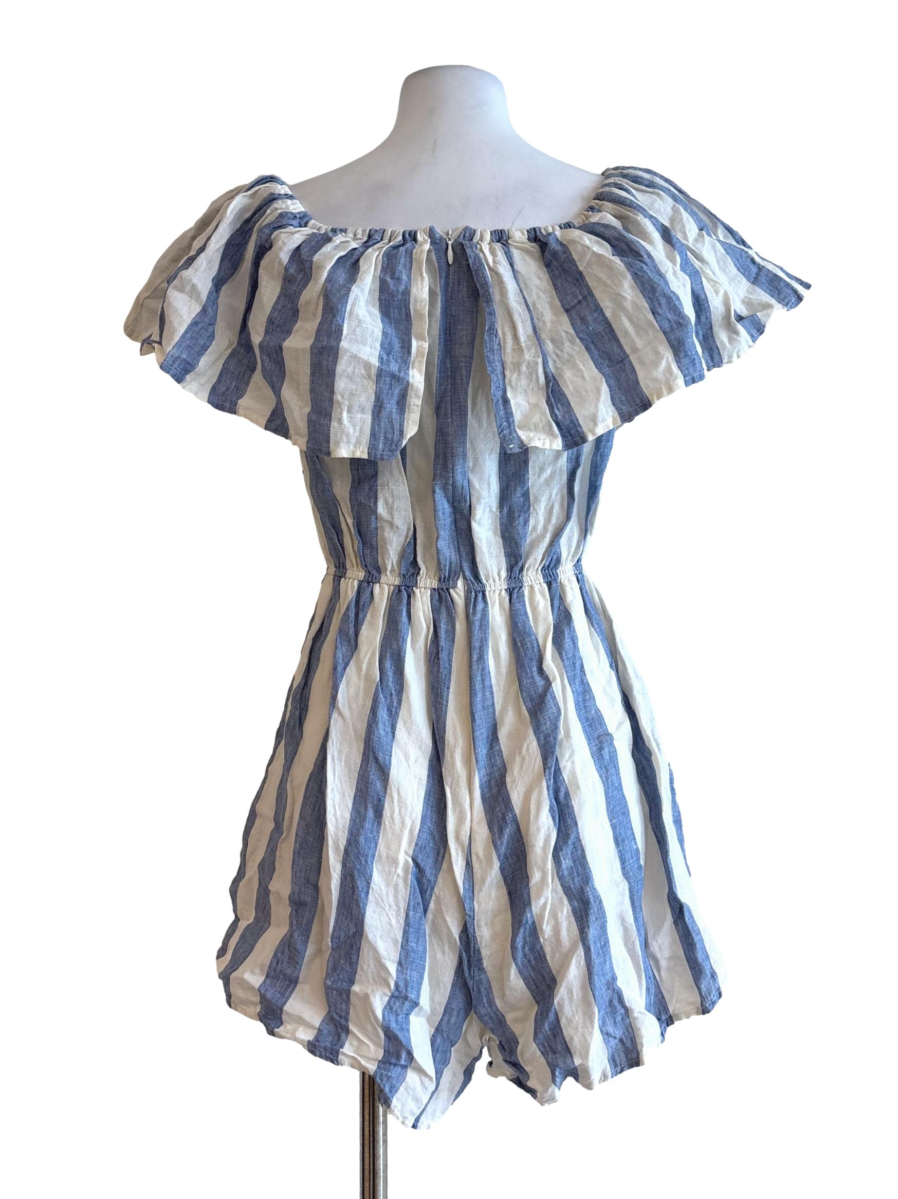 Lapis Blue And White Stripe Linen Romper TEM