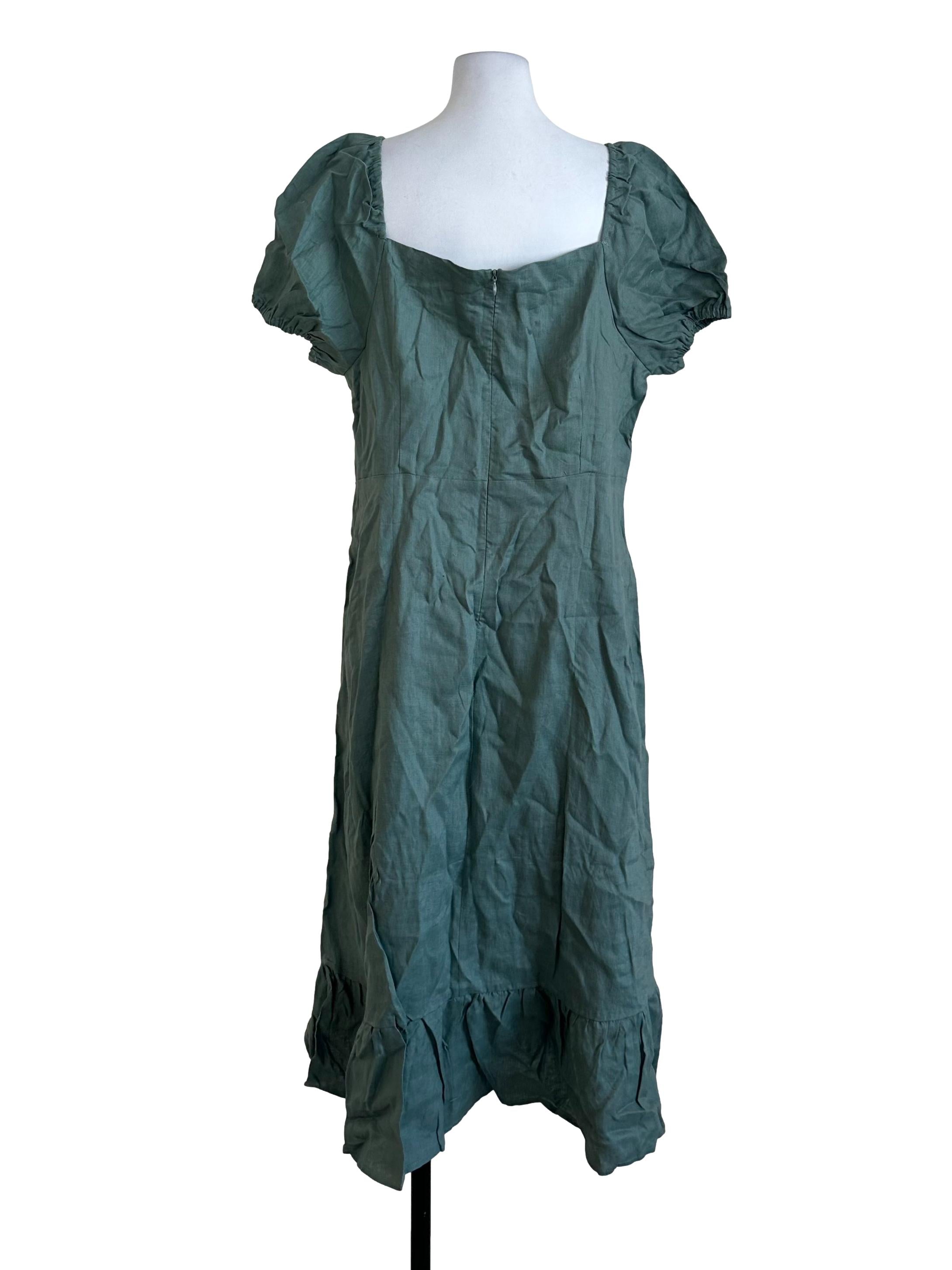 Dusty Green Plain Square Neck Dress