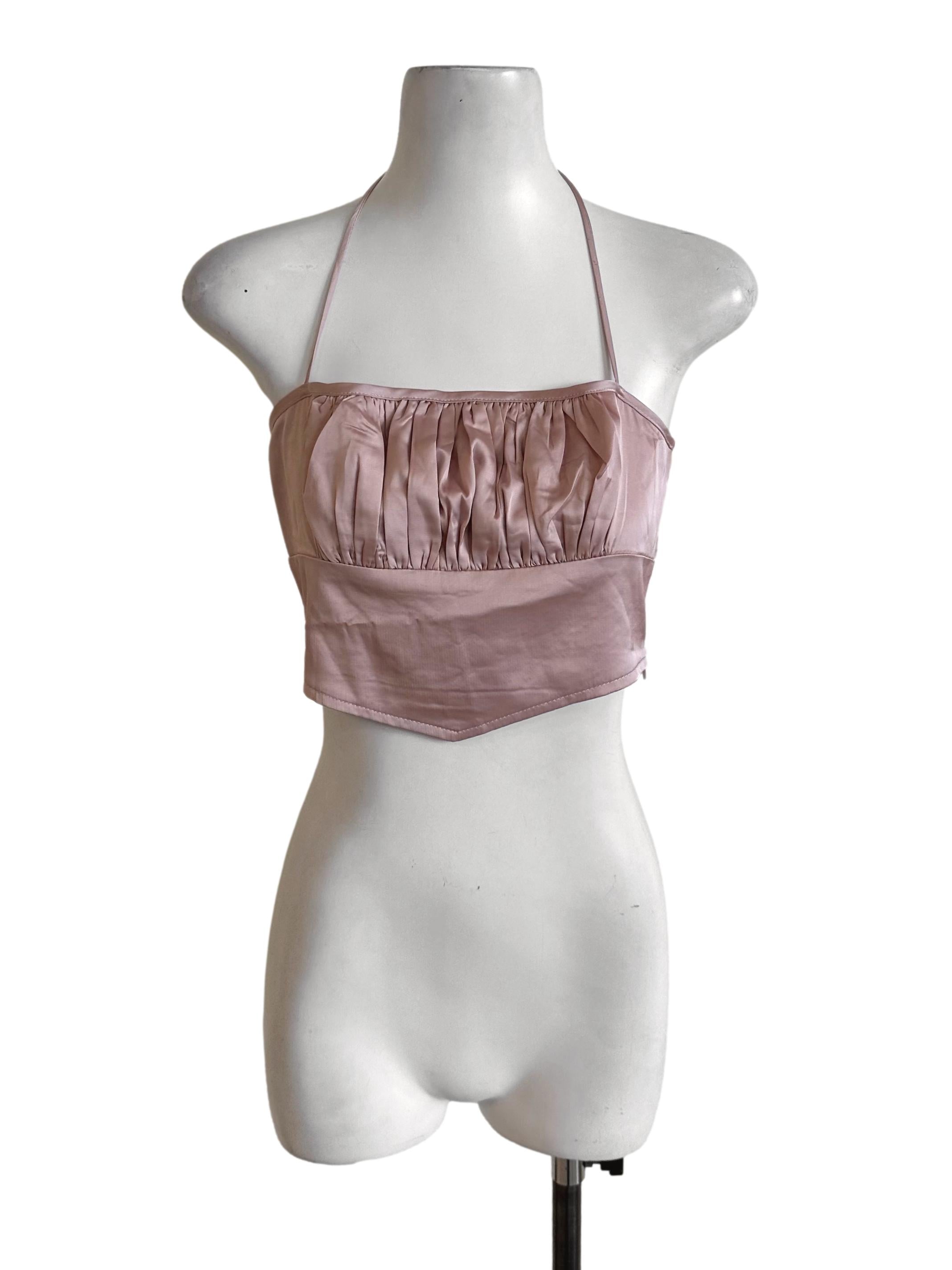 Rose Pink Pleated Satin Halter Top