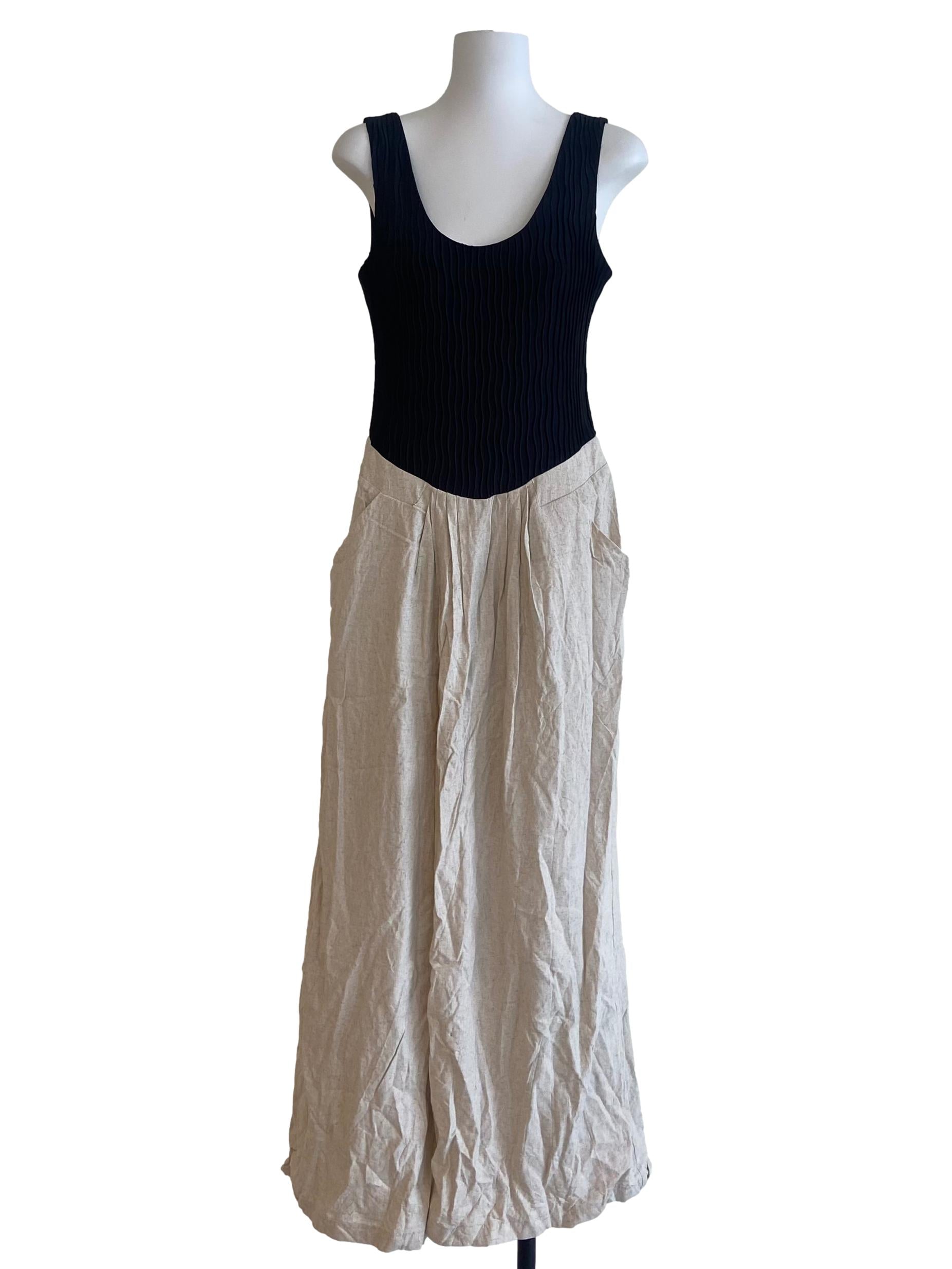 Black & Parchment Beige Pleated Jumpsuit