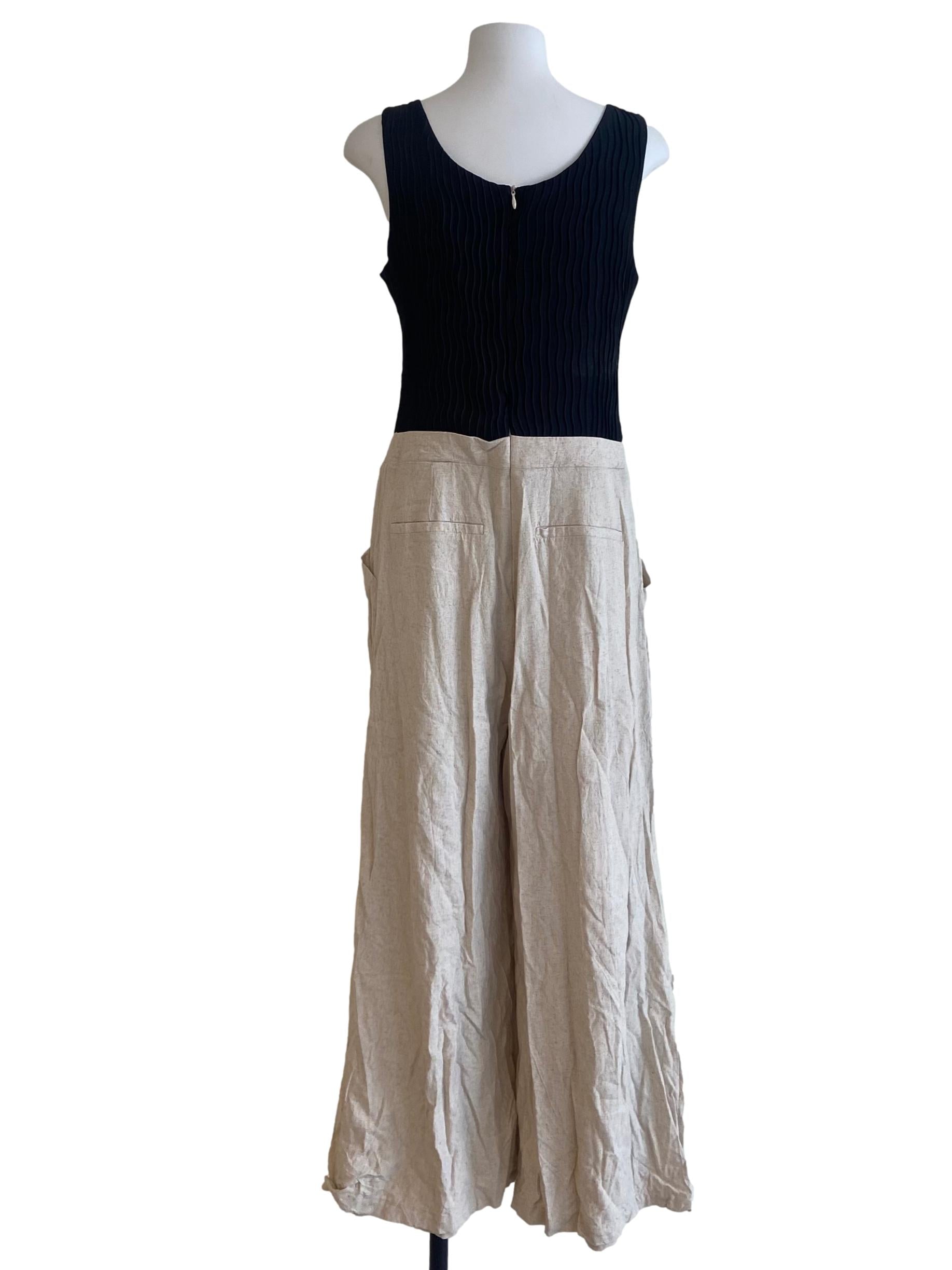 Black & Parchment Beige Pleated Jumpsuit