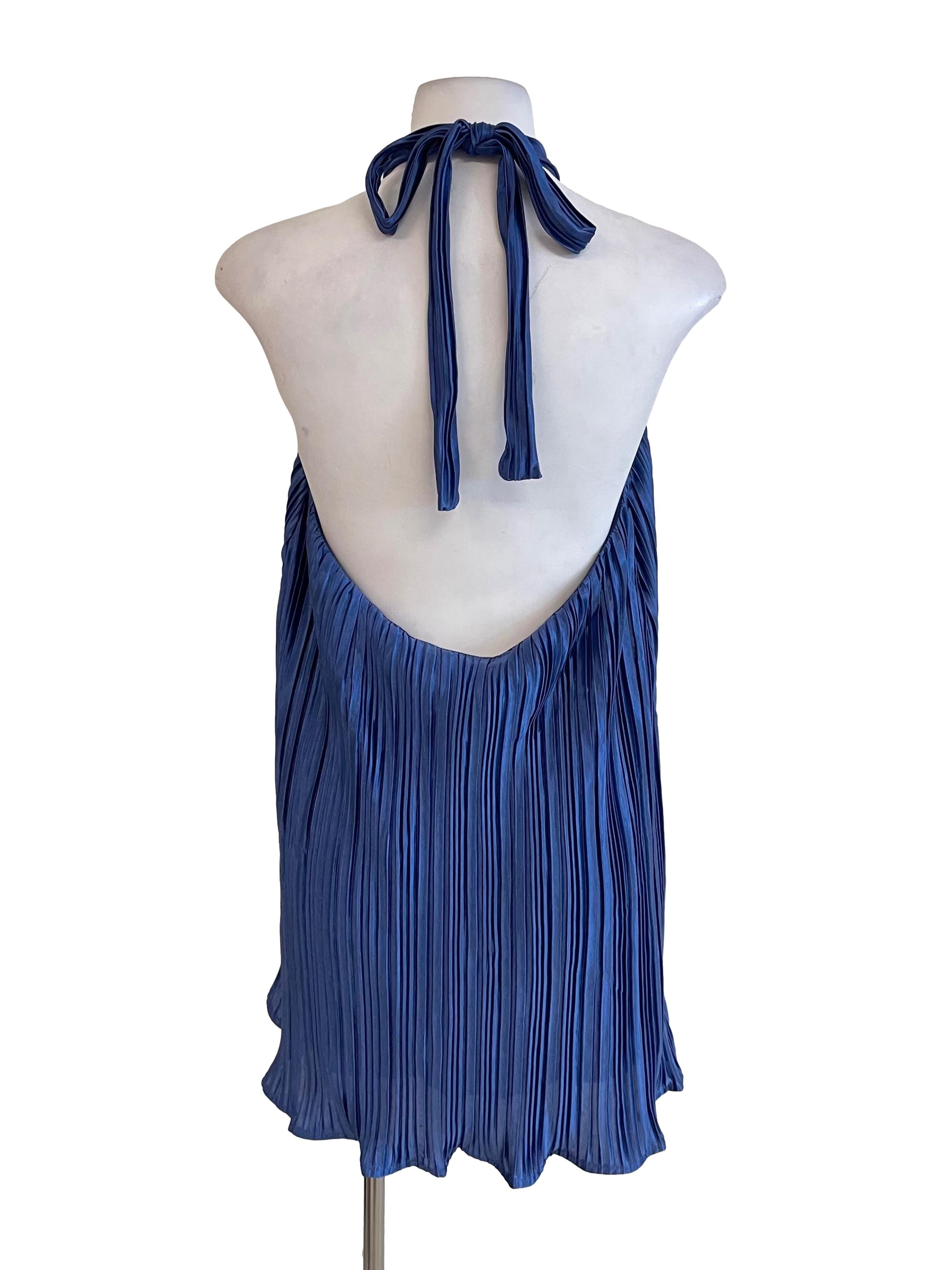Lapis Satin Accordion Tie Neck Dress