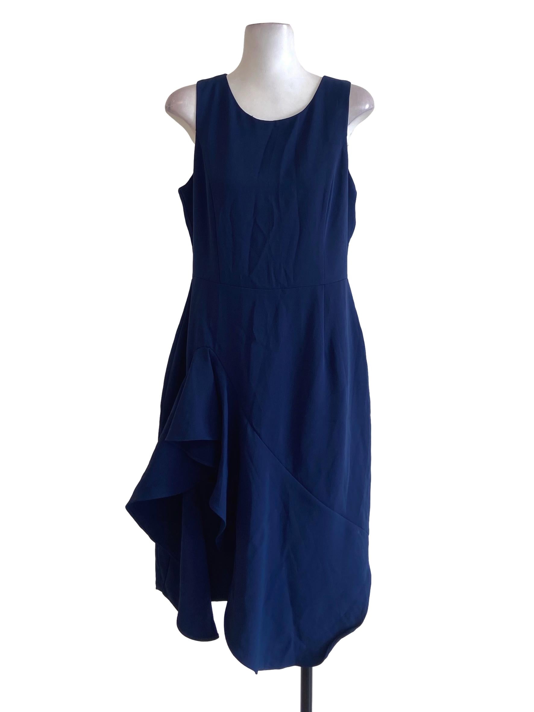 Navy Blue Twill Sleeveless Asymmetric Ruffled Sheath Dress