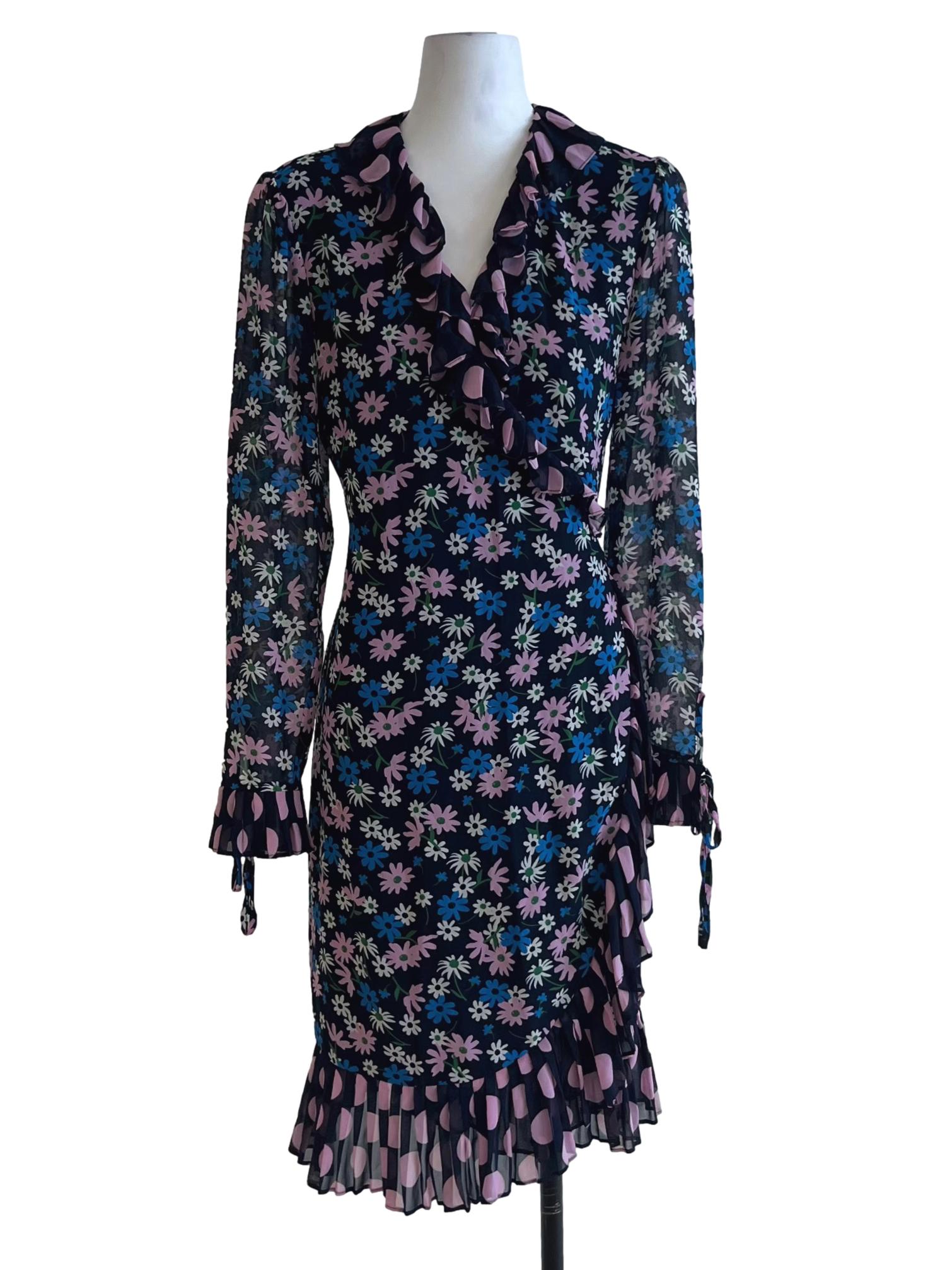 Navy Blue Floral Wrap Dress