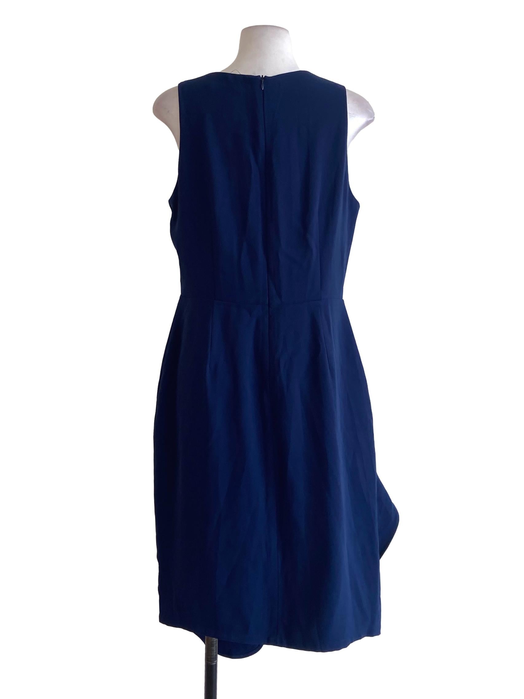 Navy Blue Twill Sleeveless Asymmetric Ruffled Sheath Dress
