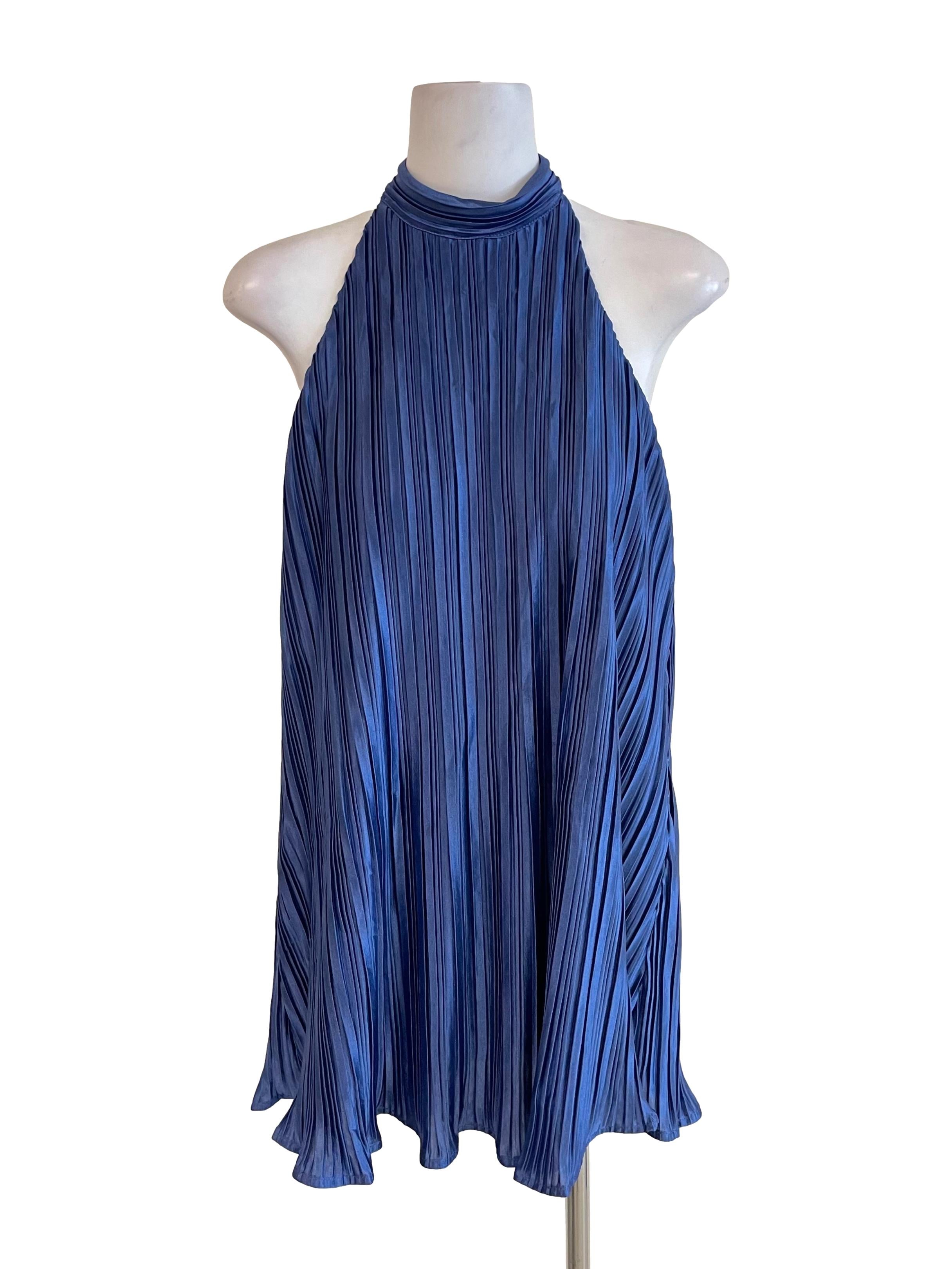 Lapis Satin Accordion Tie Neck Dress