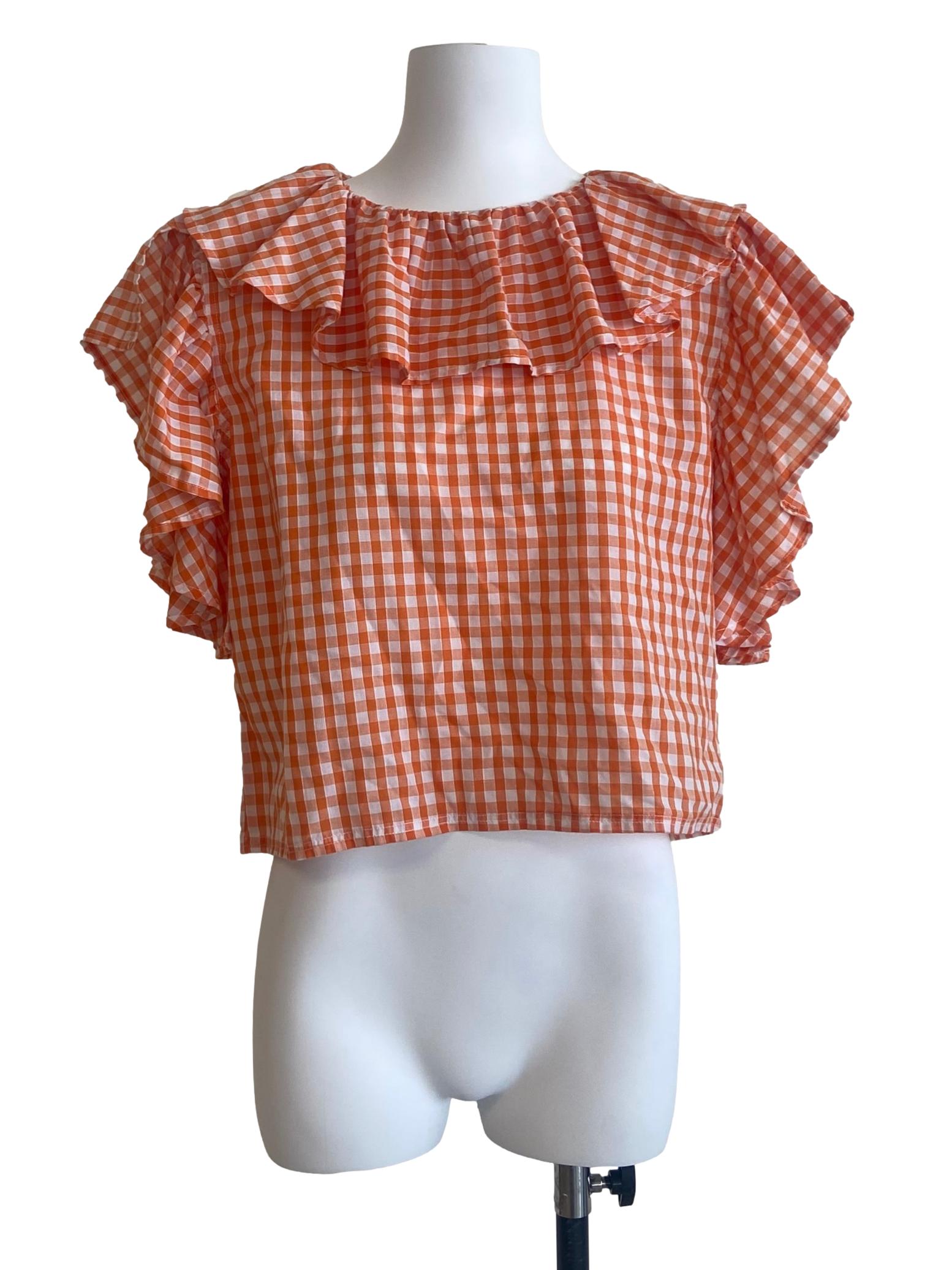 Orange & White Plaid Ruffled Neck Blouse