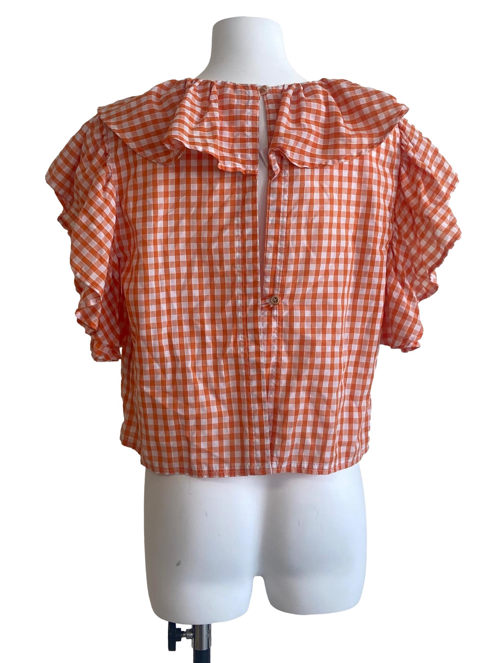 Orange & White Plaid Ruffled Neck Blouse