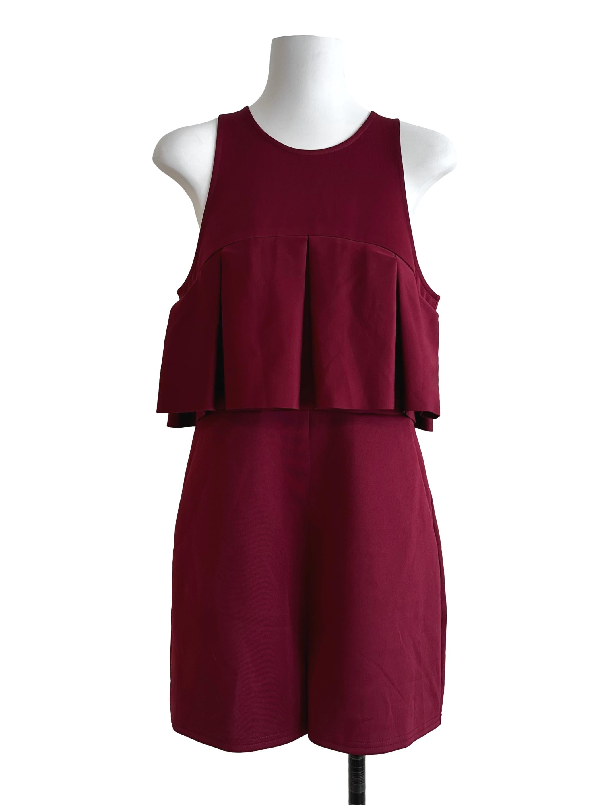 Maroon Red Pleated Round Neck Rompers LB