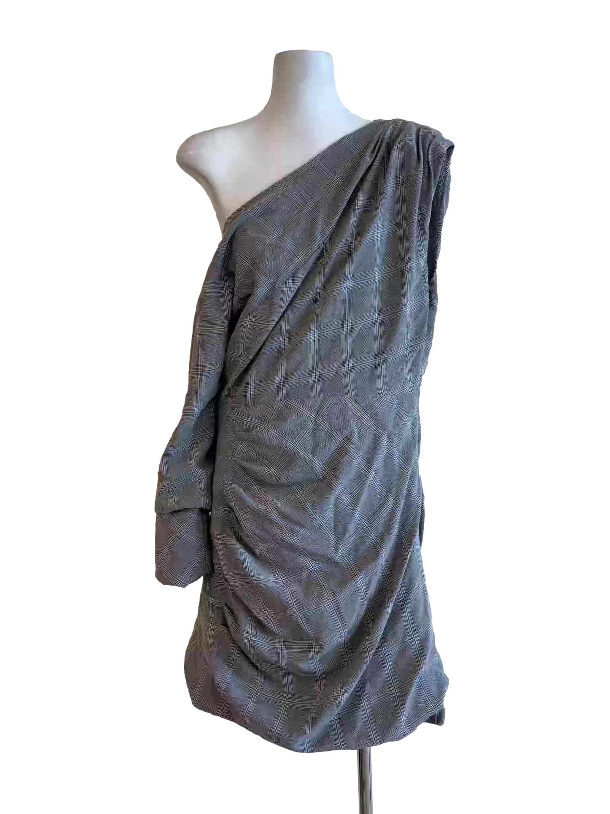 Light Grey One Shoulder Plaid Dress