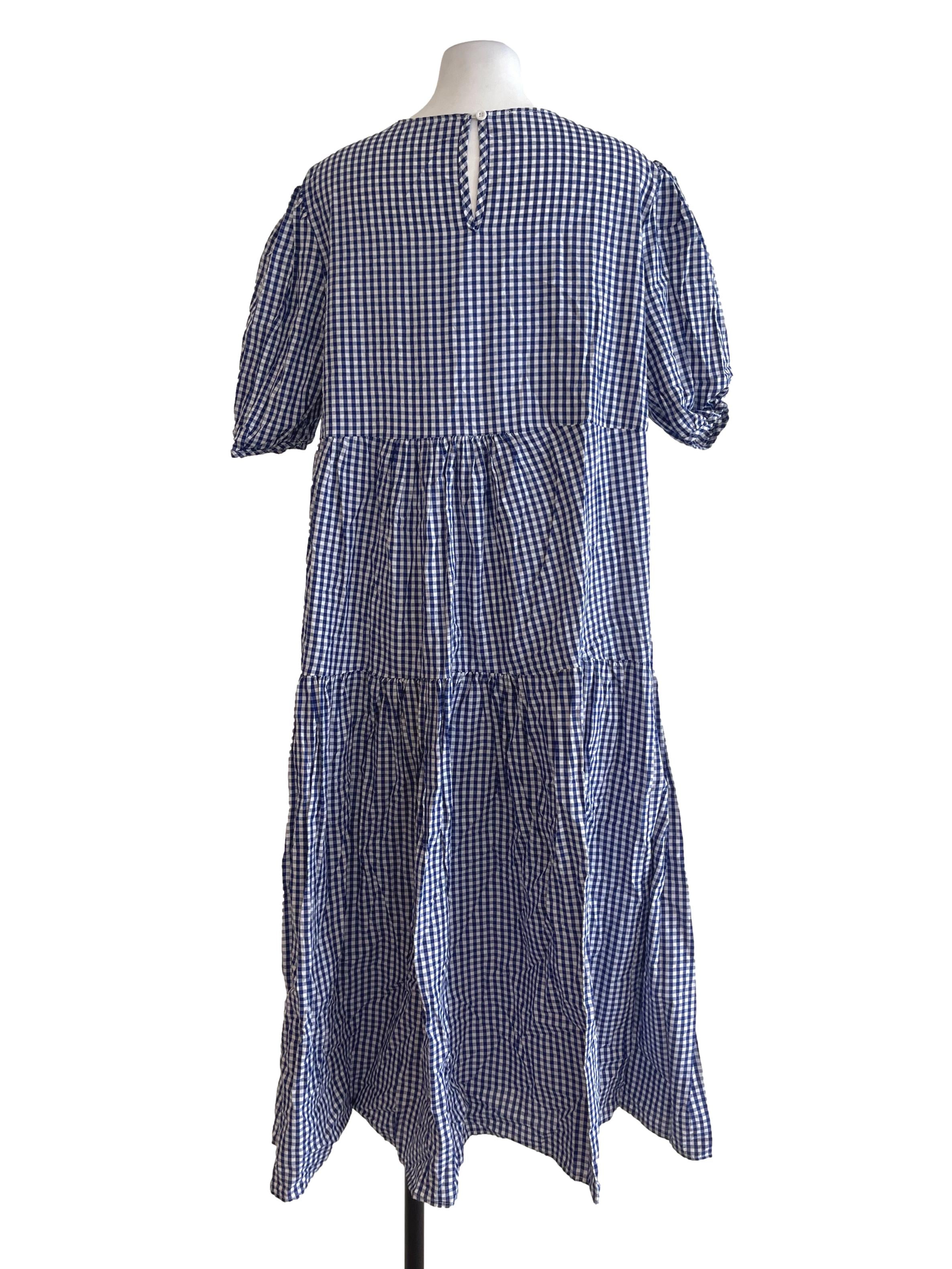 Dark Blue Gingham Tiered Dress
