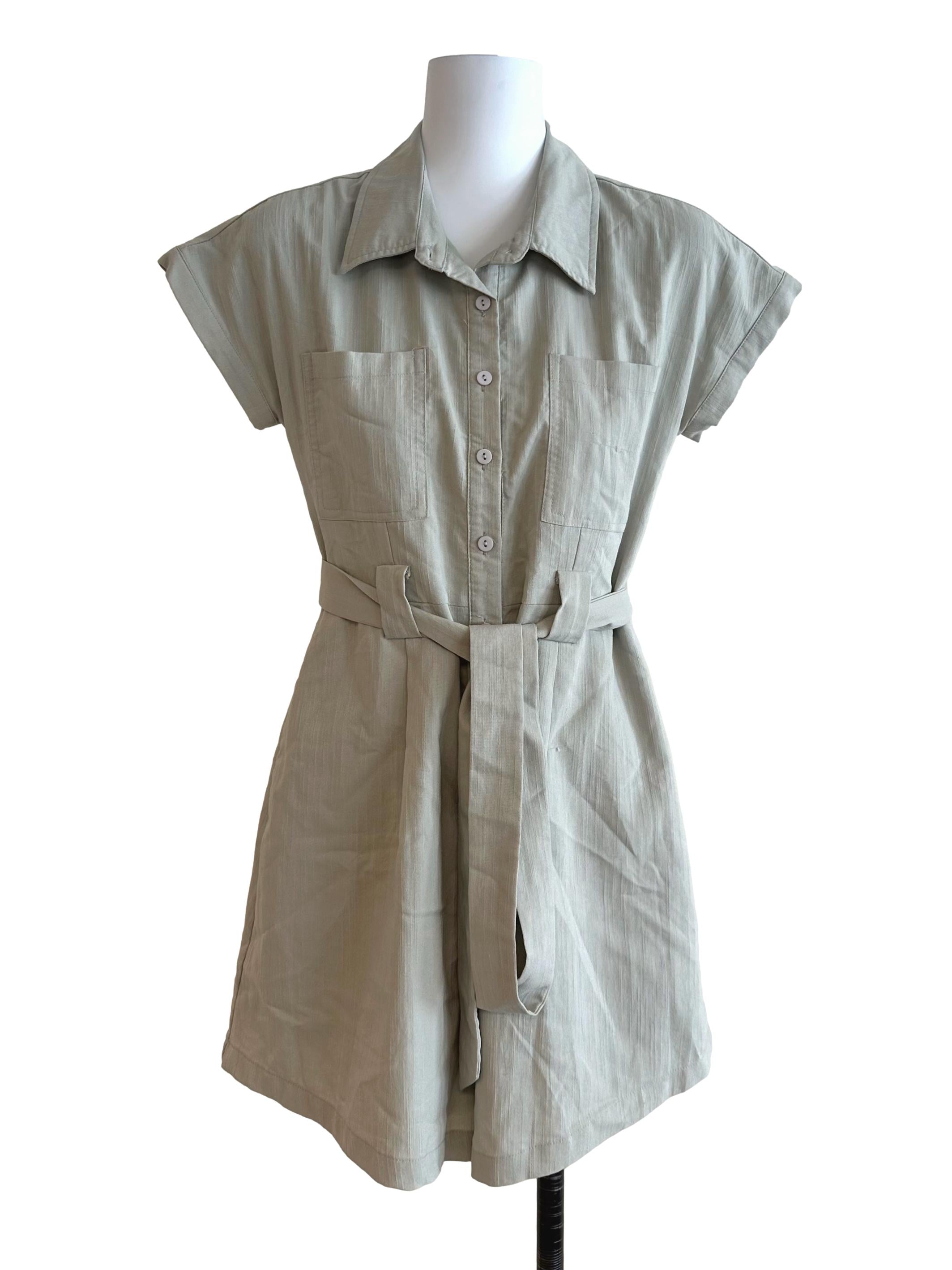 Ash Green Collar Button Textured Rompers
