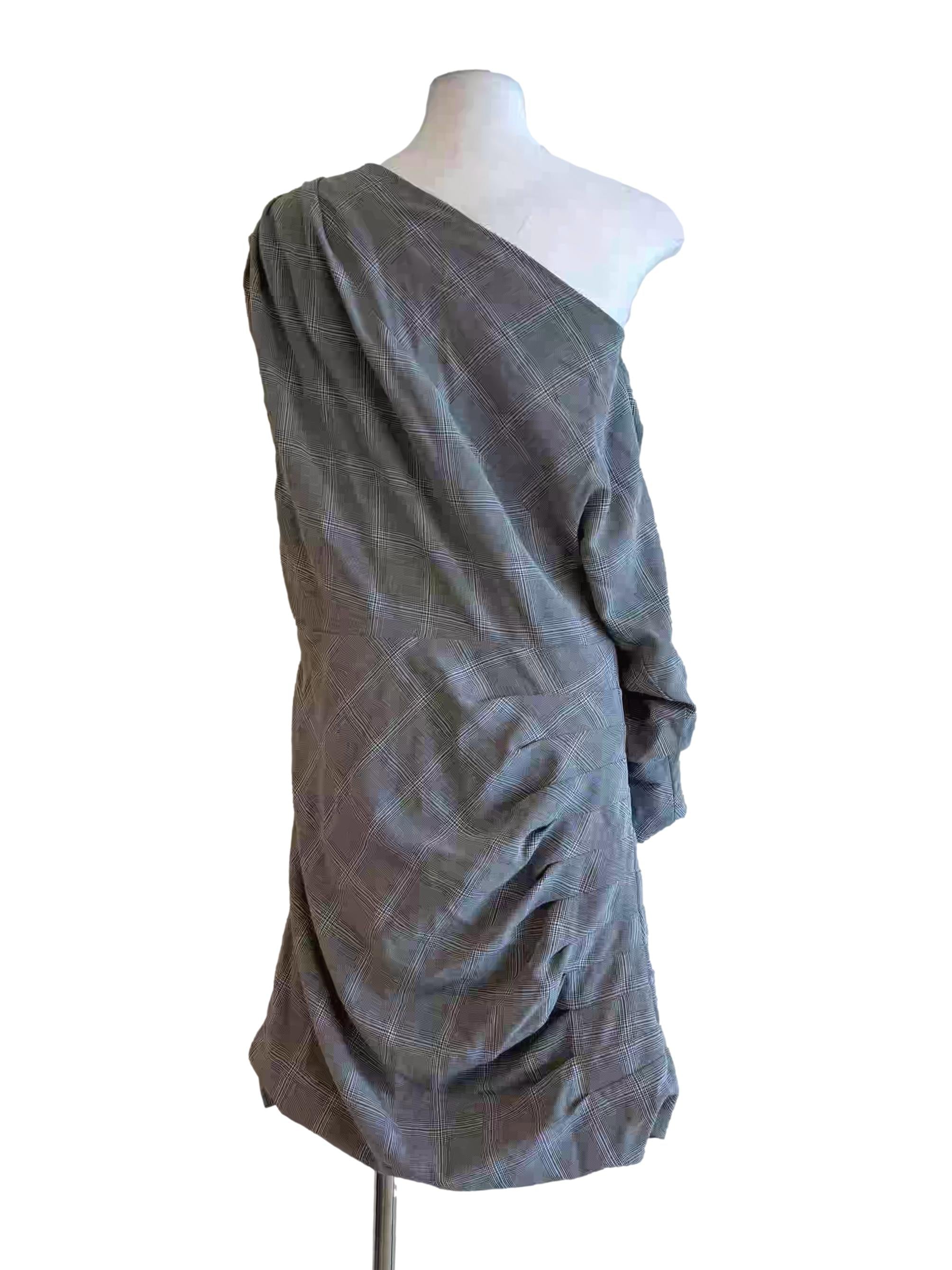 Light Grey One Shoulder Plaid Dress