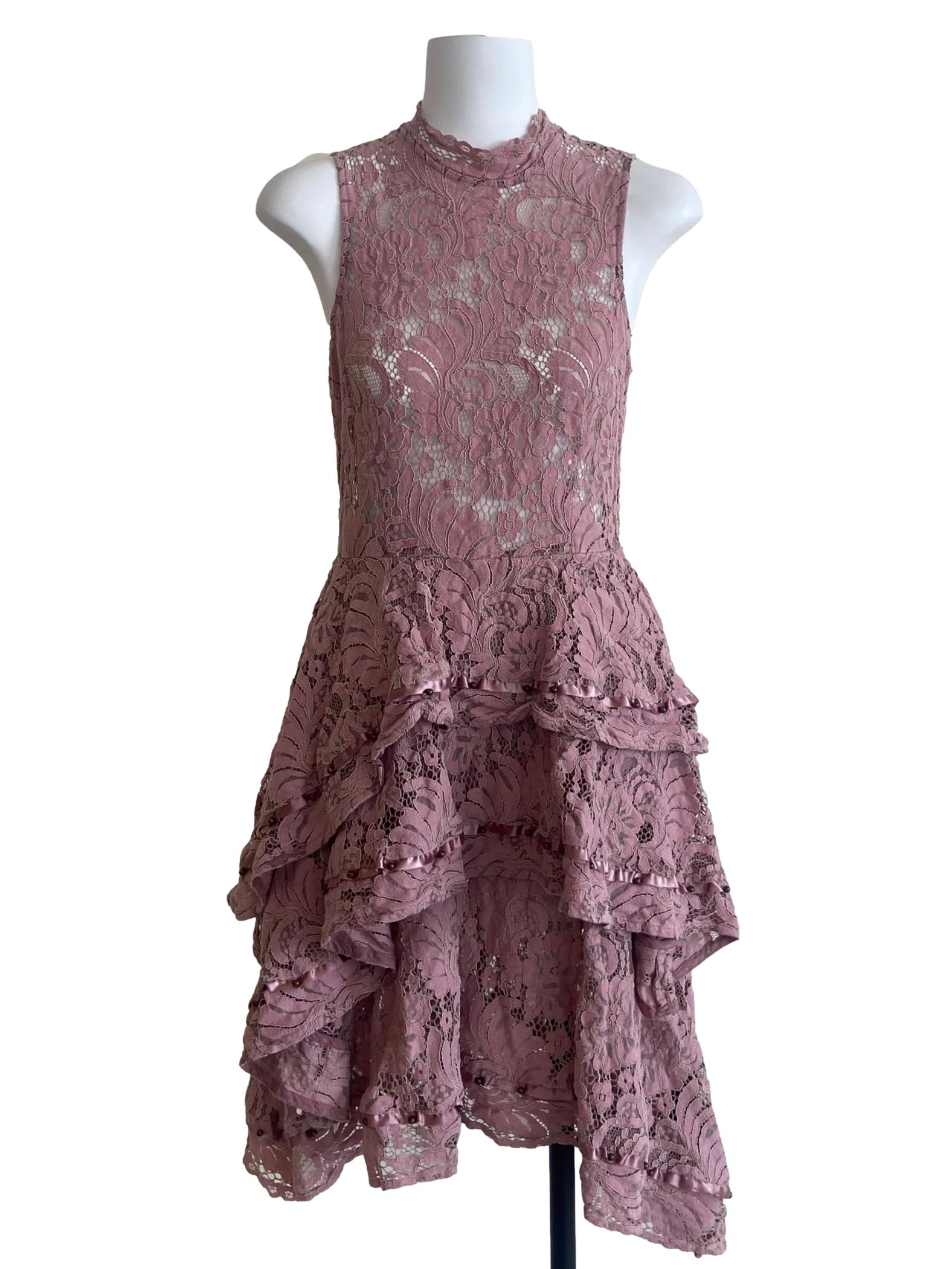 Crepe  Pink Floral Lace Layered Dress