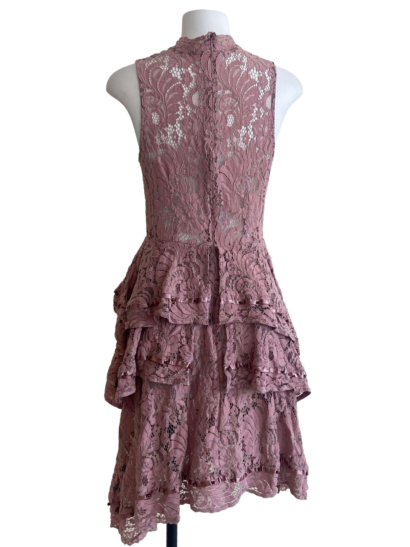 Crepe  Pink Floral Lace Layered Dress
