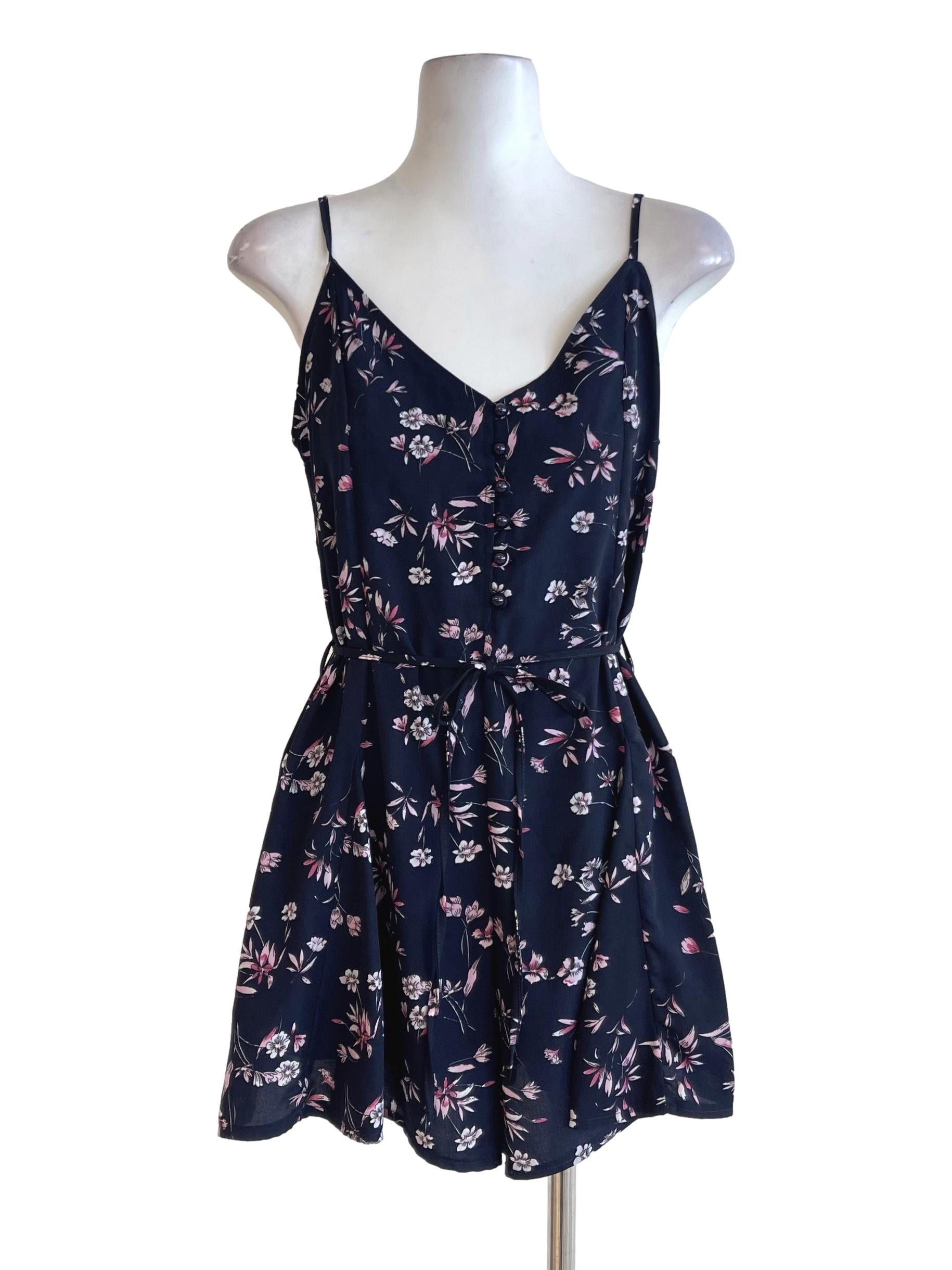 Navy Blue Floral Spaghetti Strap Button Down Rompers