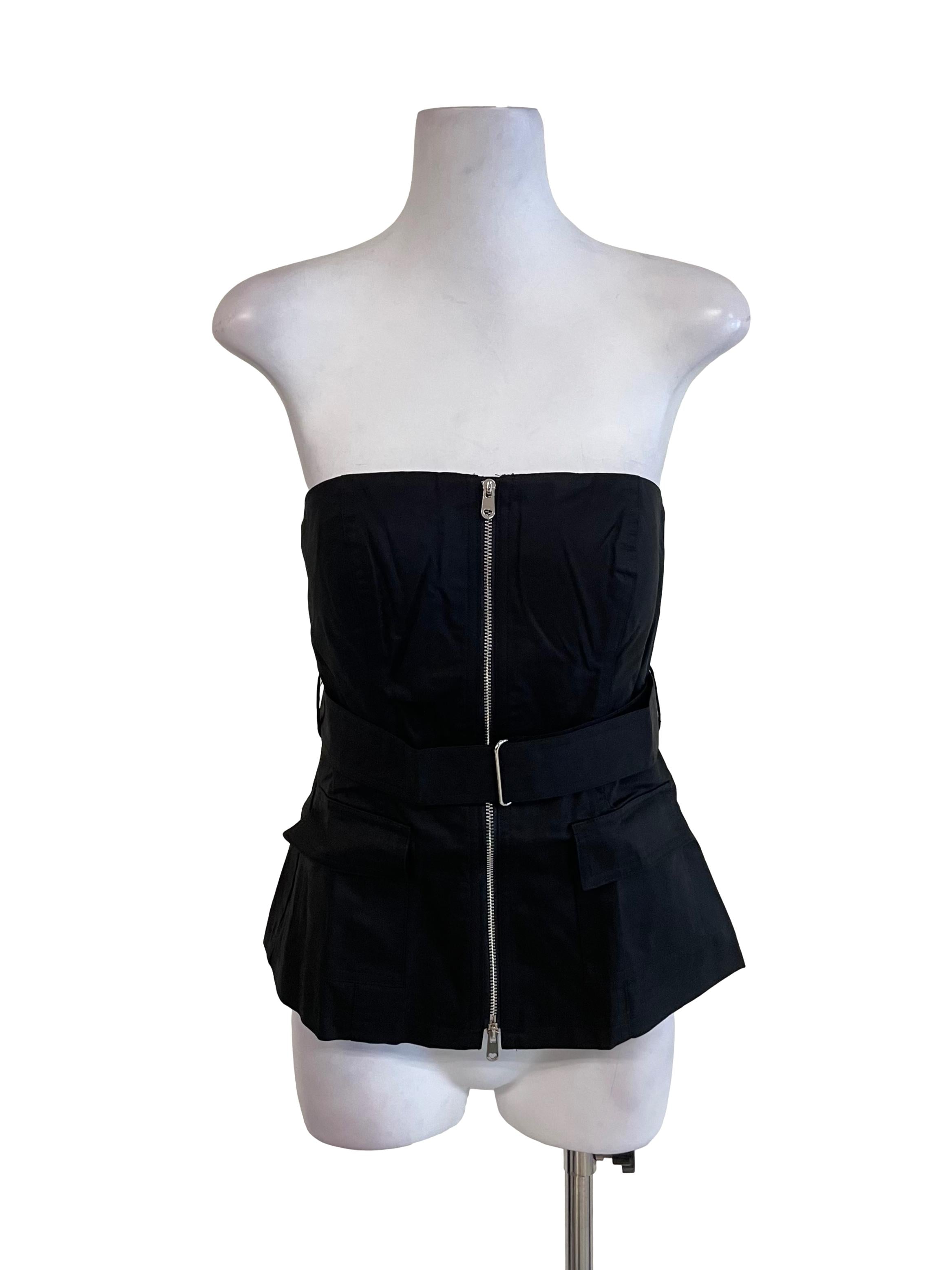 Black Zip Up Strapless Skinny Top