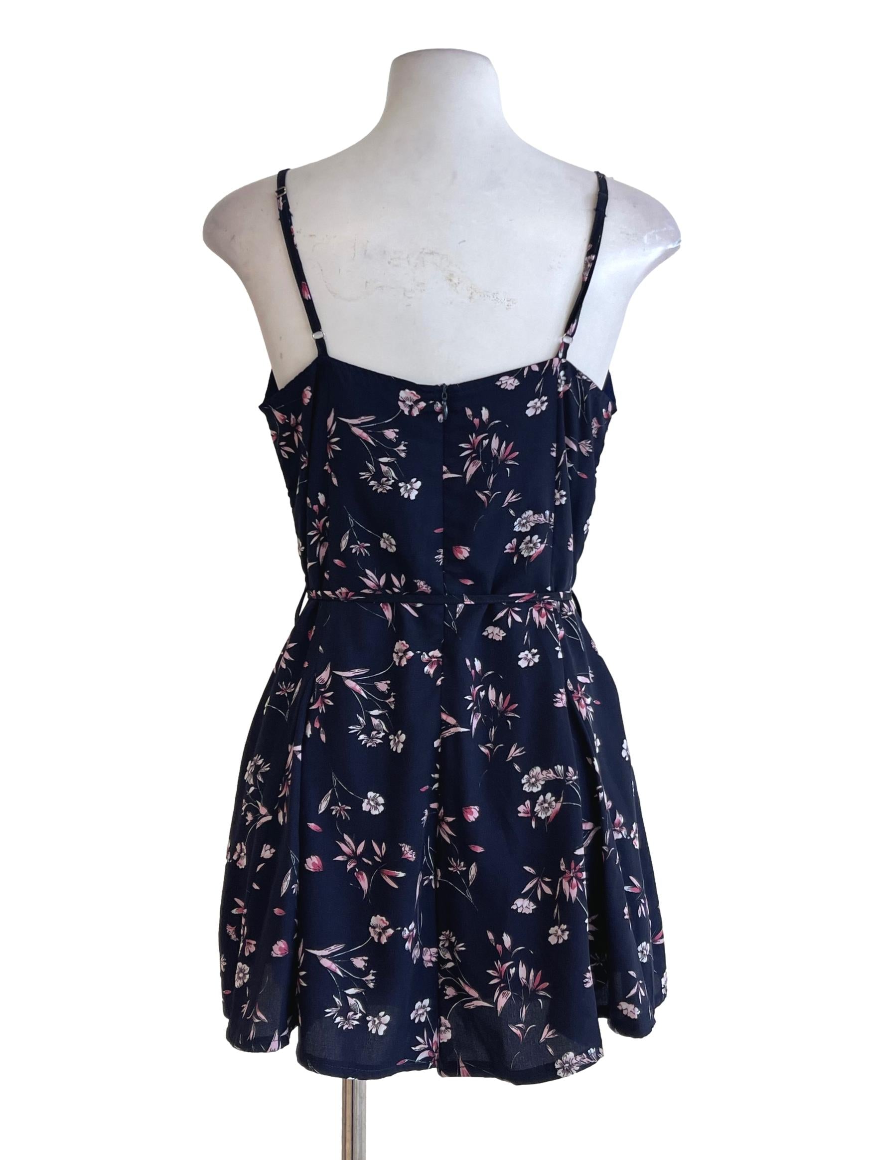 Navy Blue Floral Spaghetti Strap Button Down Rompers