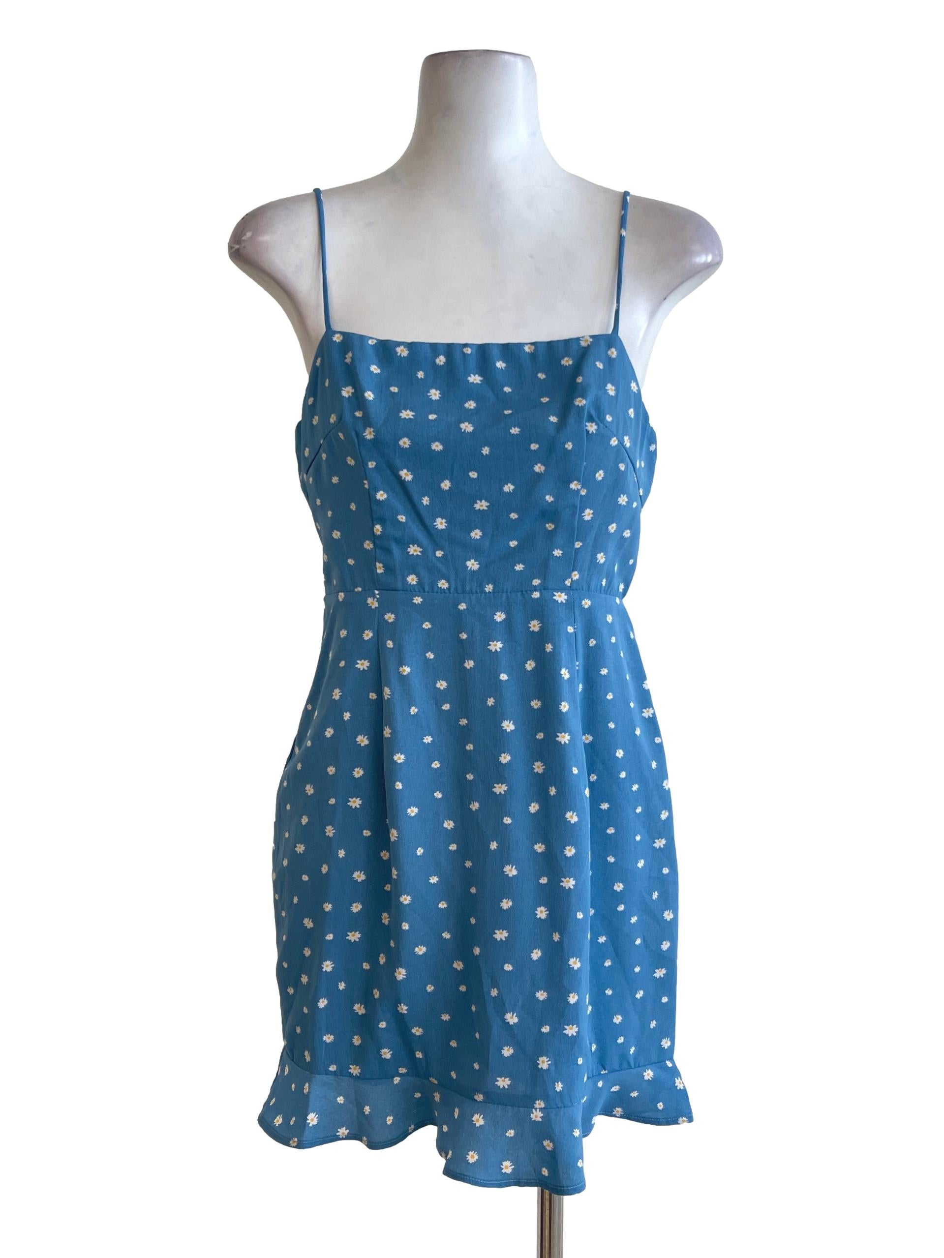 Sky Blue Daisy Floral Printed Spaghetti Strap Dress TTR