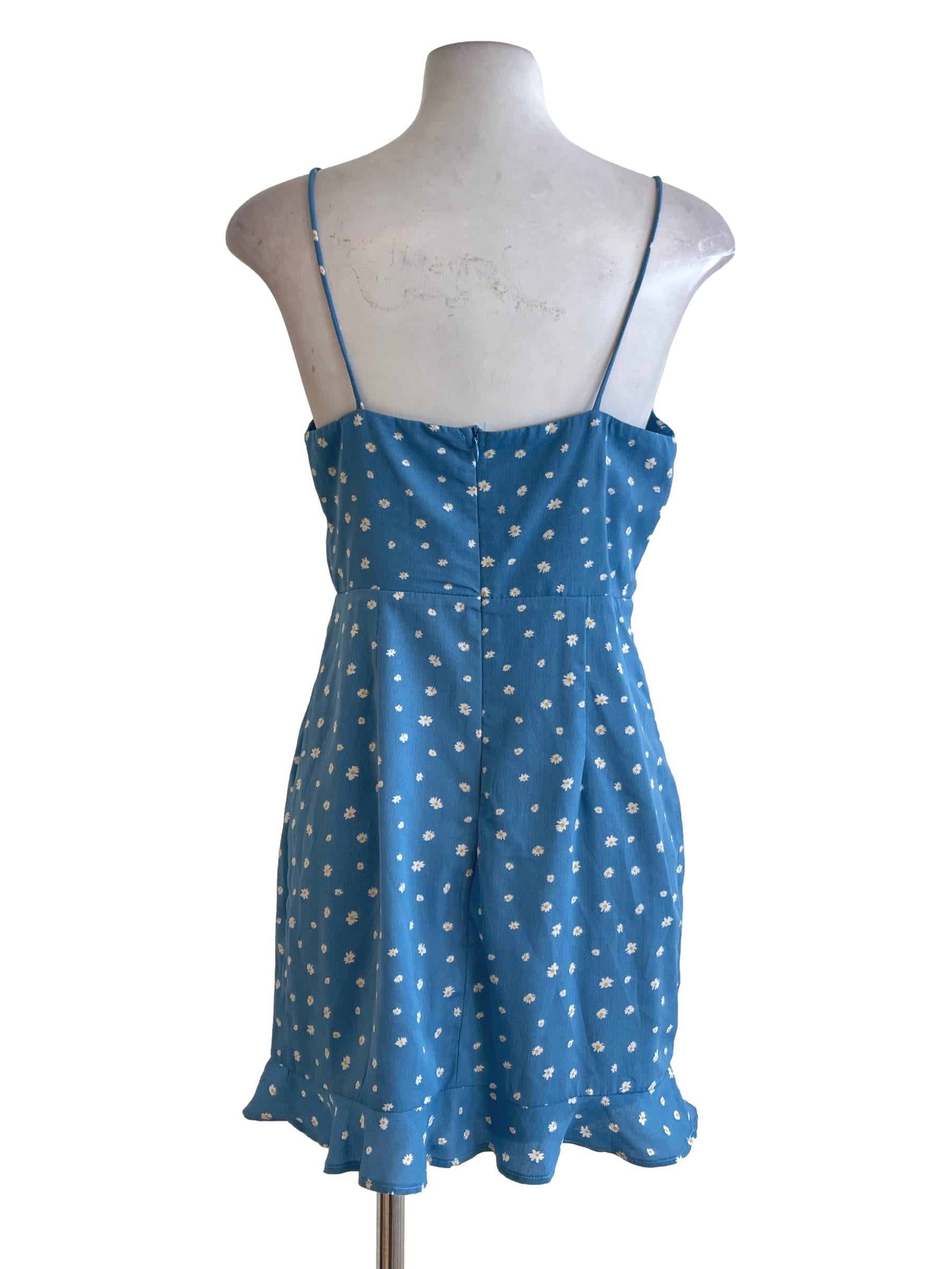 Sky Blue Daisy Floral Printed Spaghetti Strap Dress TTR