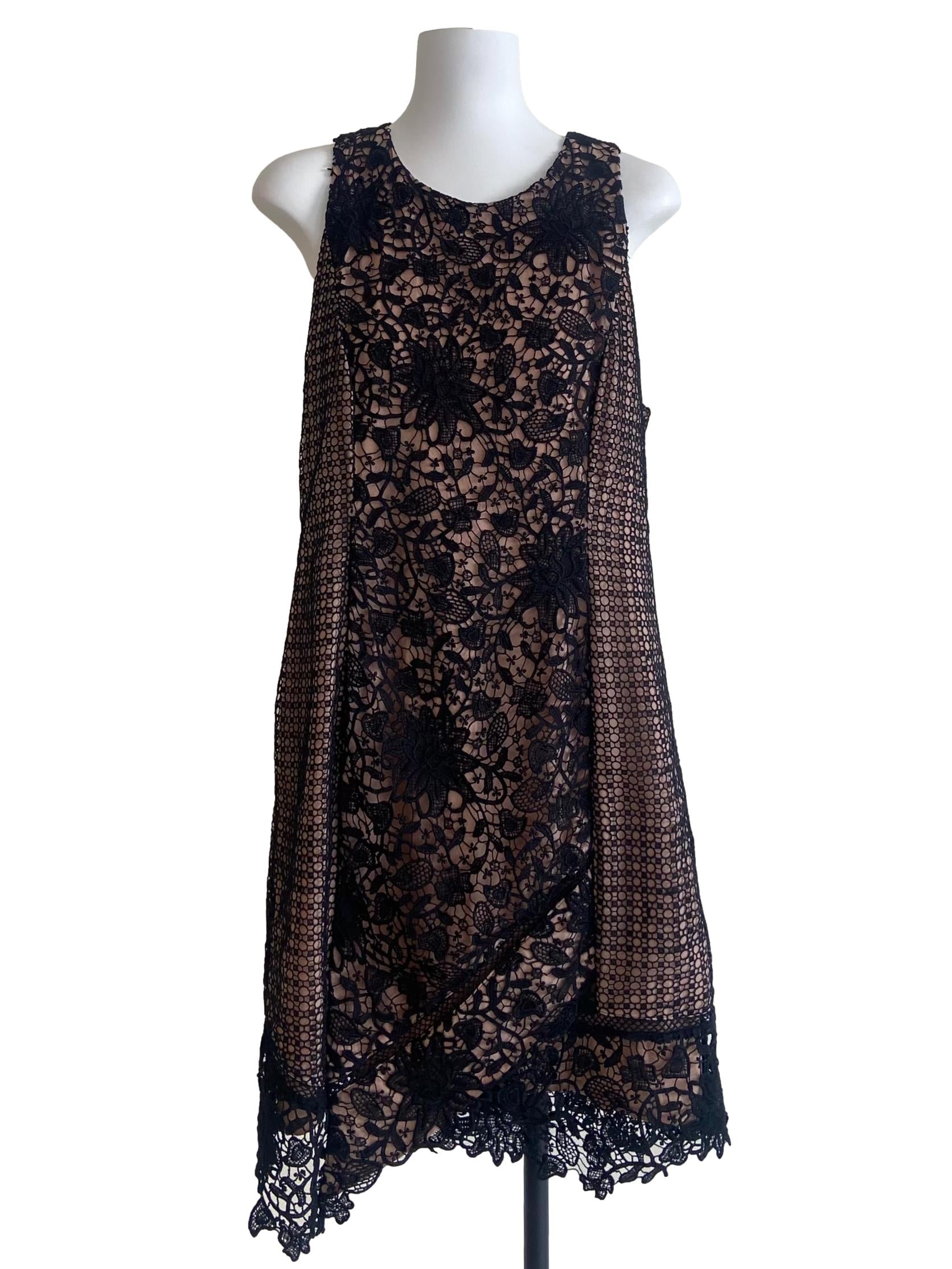 Bone Beige & Black Floral Lace Shift Dress