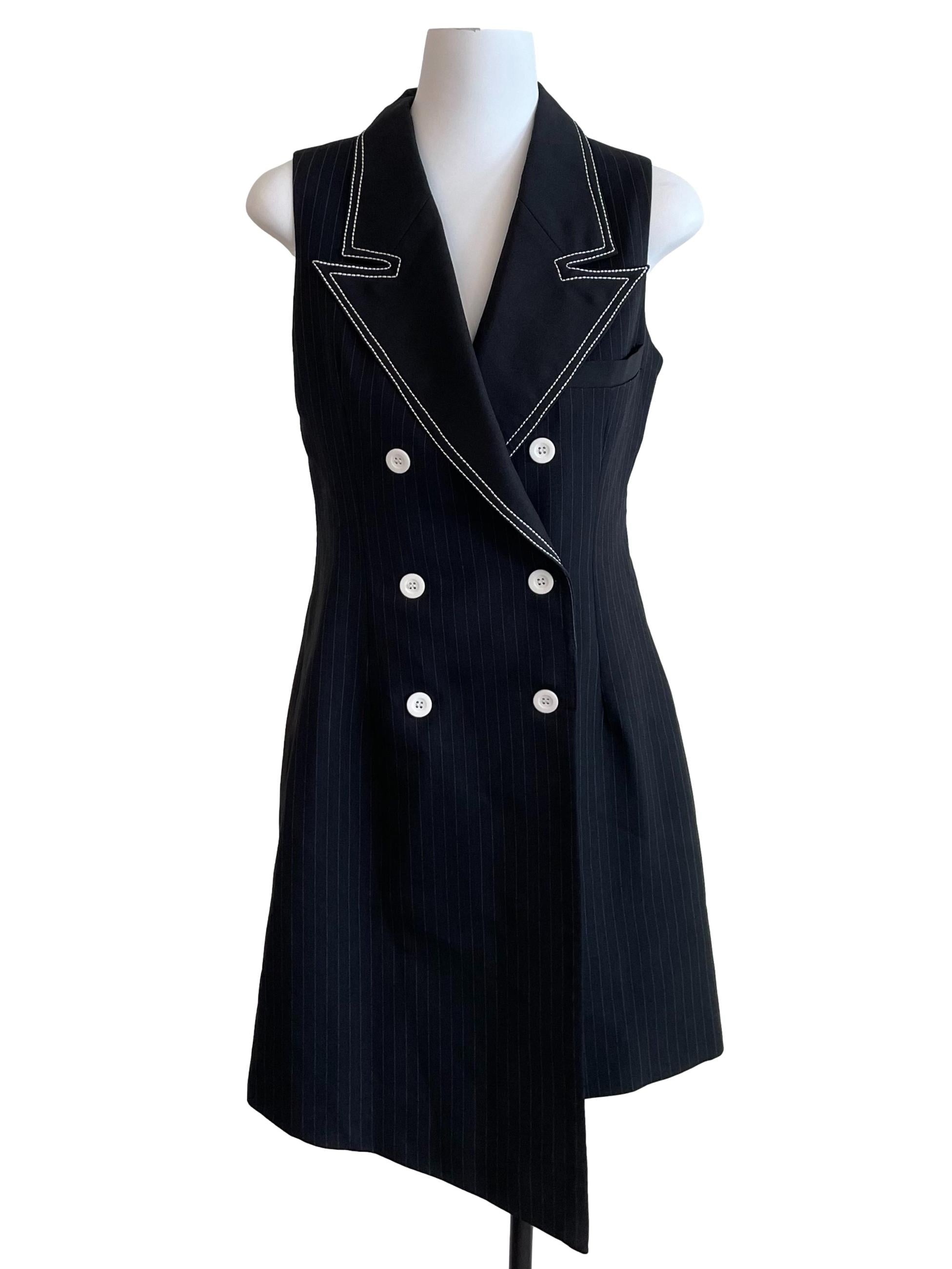 Black Pin Stripe Sleeveless Suit Dress