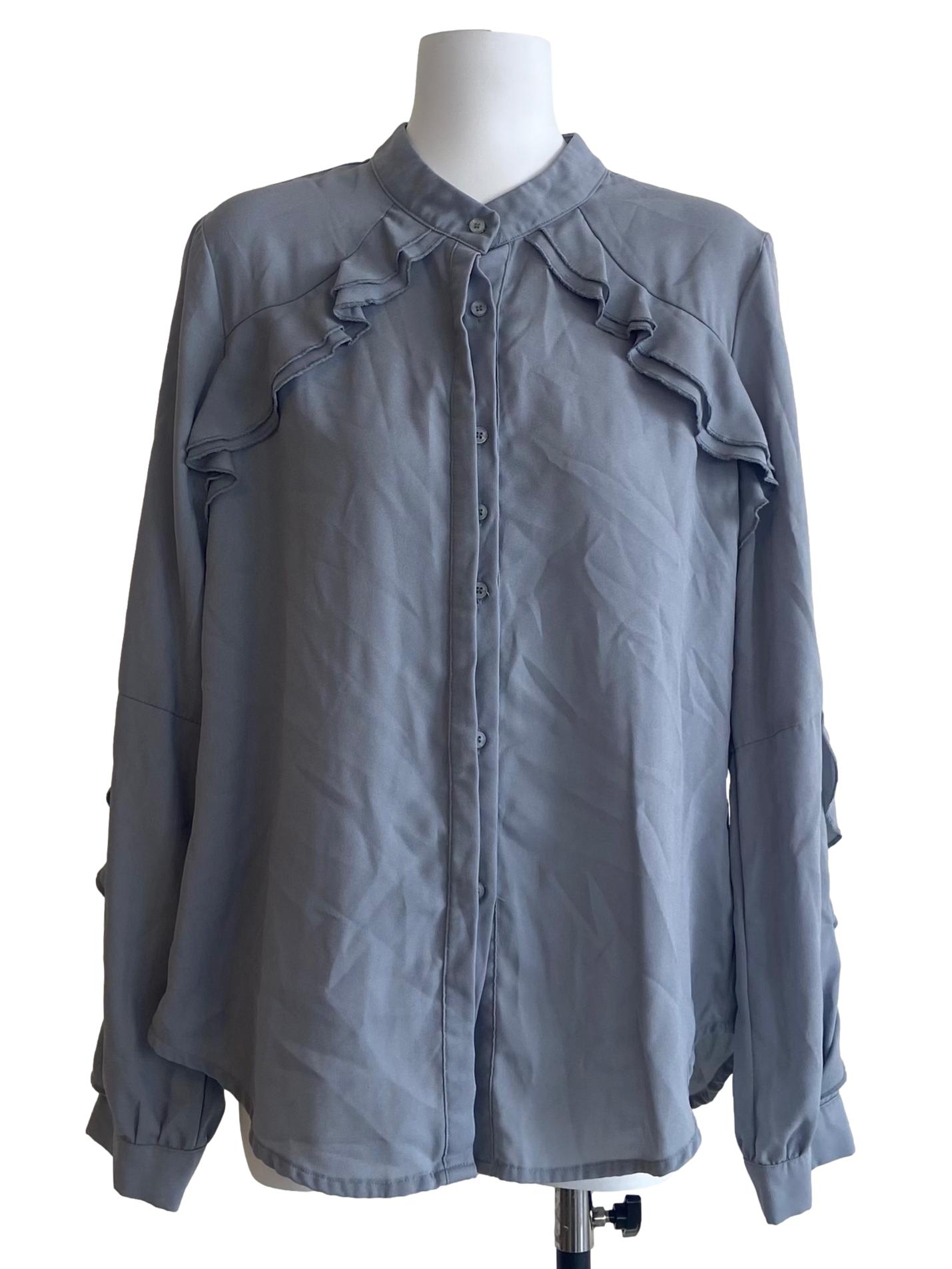 Blue Button Down Ruffled Blouse