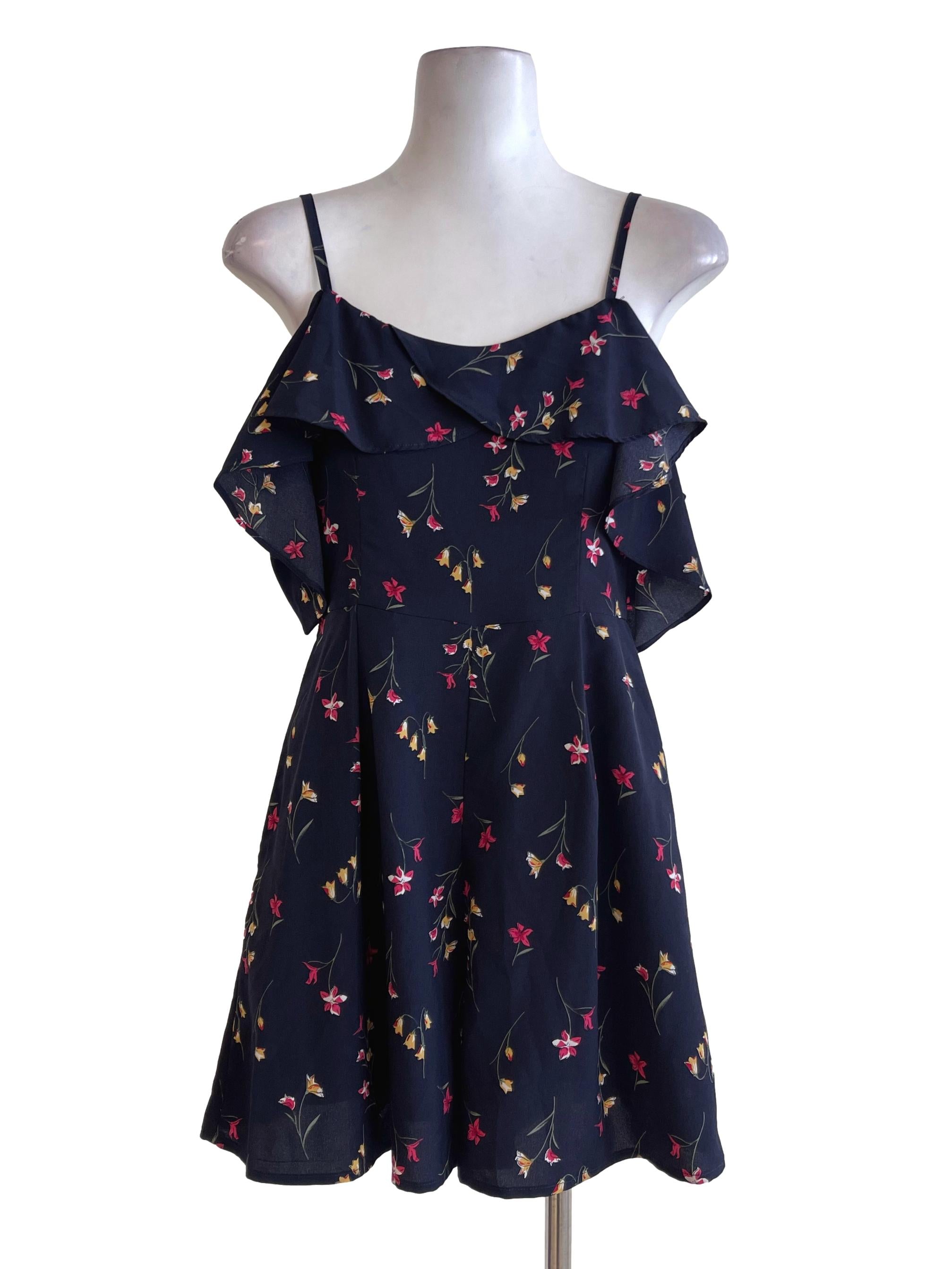 Navy Blue Lilies Printed Waterfall Bust Rompers