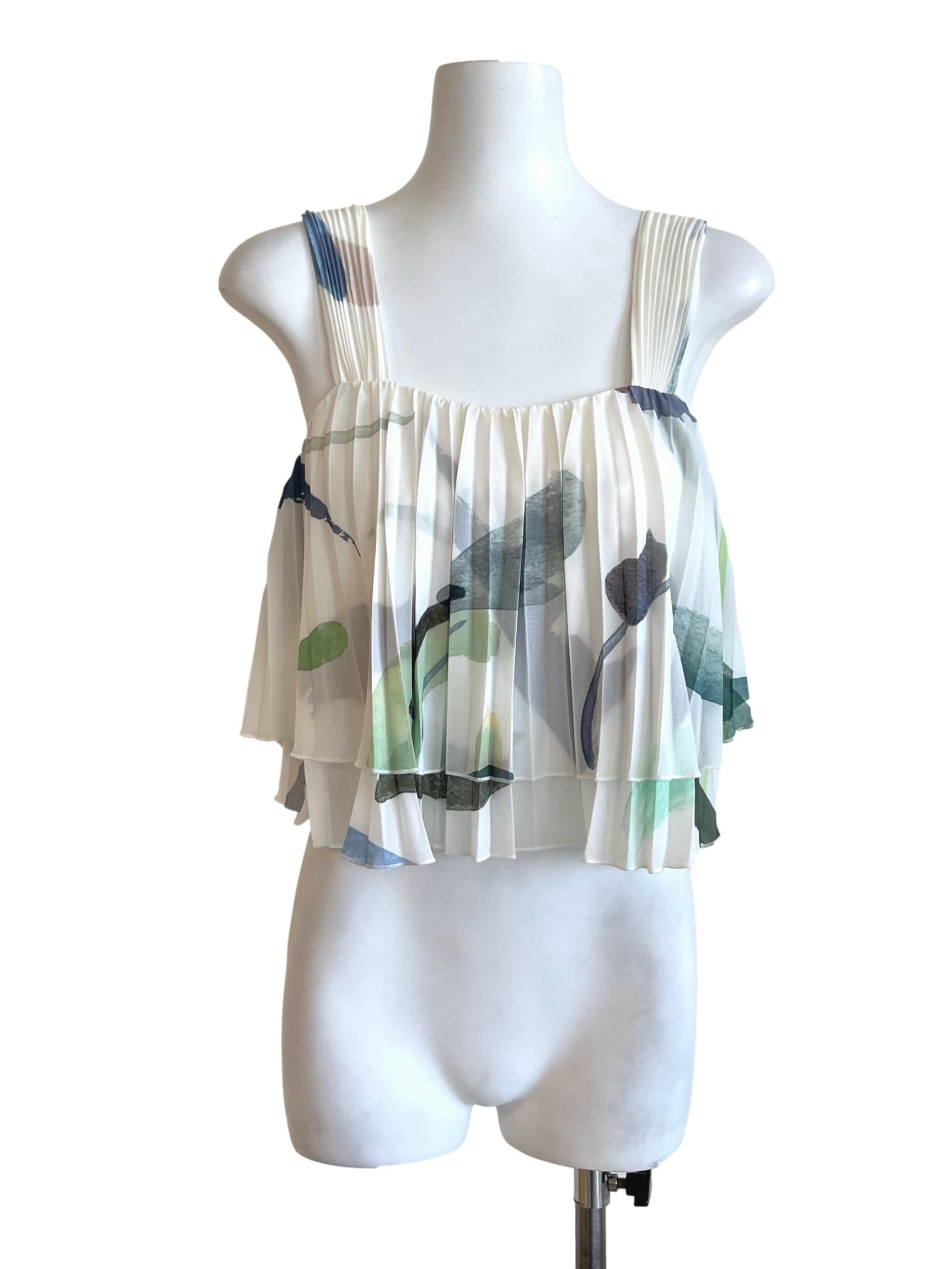 Ivory White Abstract Print Layered Ruffle Tops LB