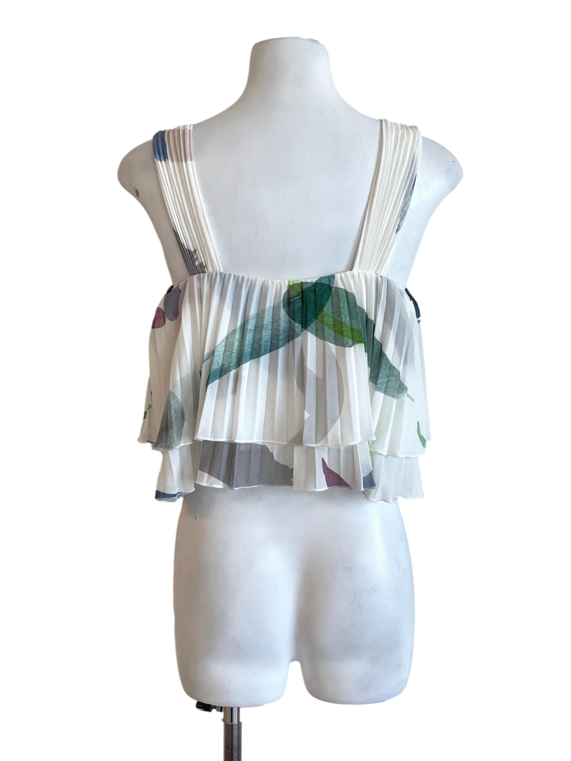 Ivory White Abstract Print Layered Ruffle Tops LB
