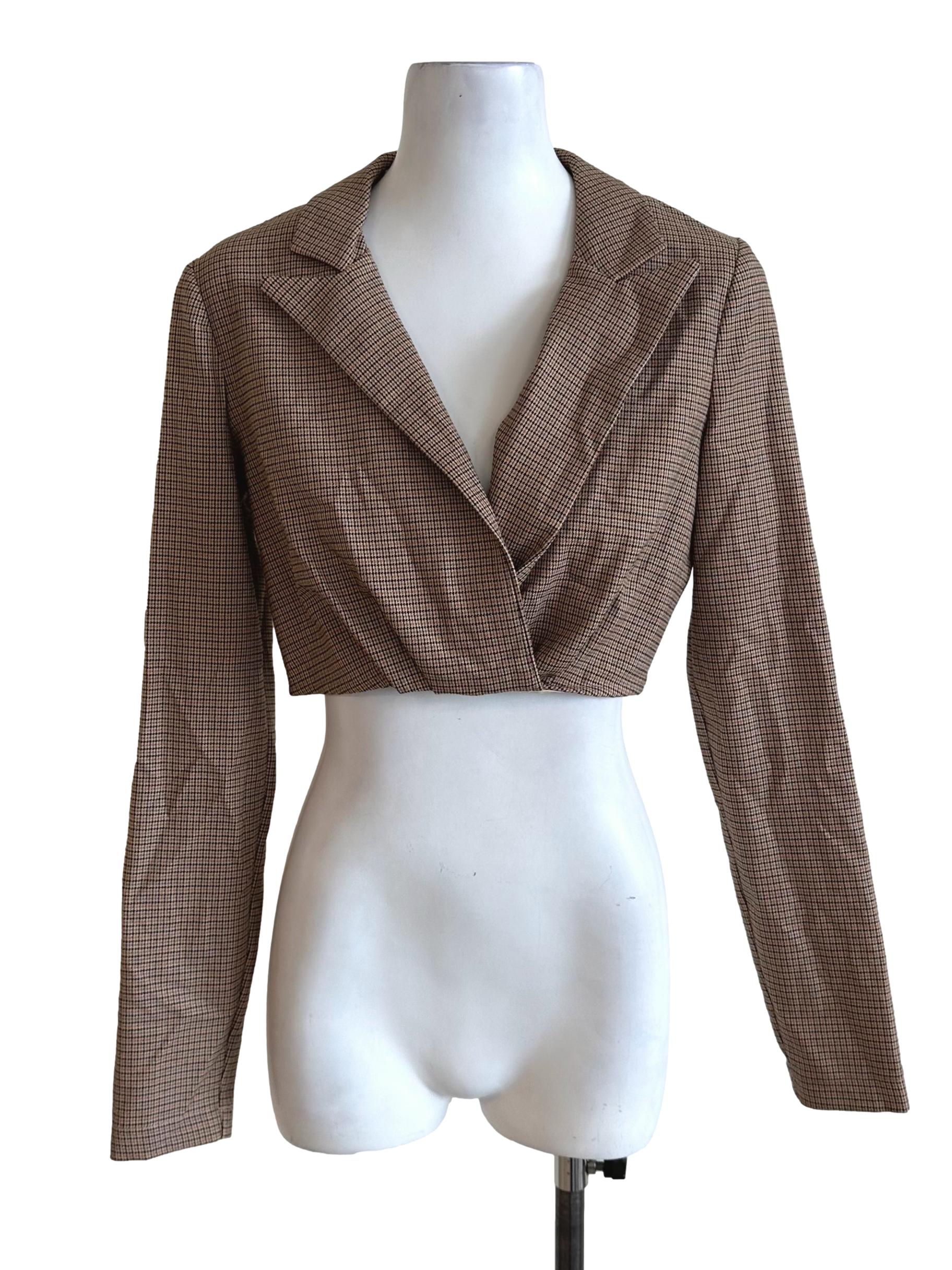 Mocha Brown Plaid Crop Blazer