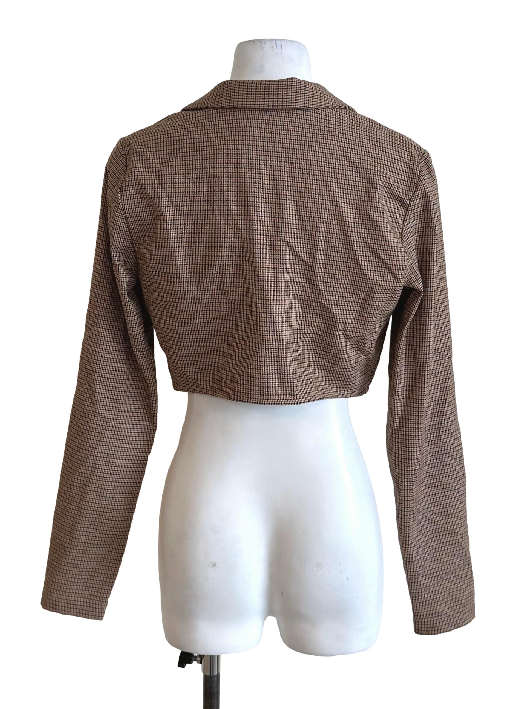 Mocha Brown Plaid Crop Blazer