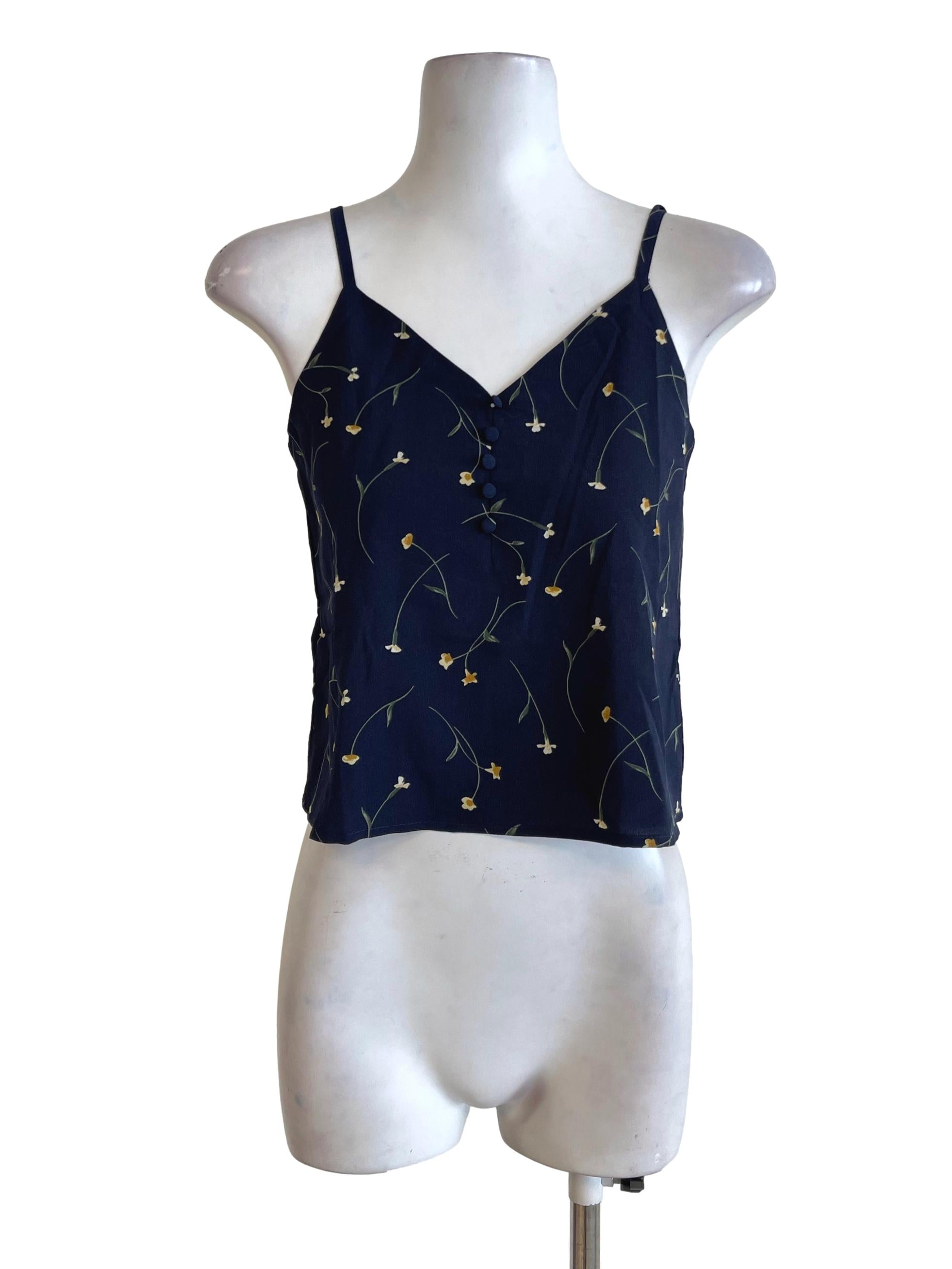Navy Blue Floral Spaghetti Strap Crop Top