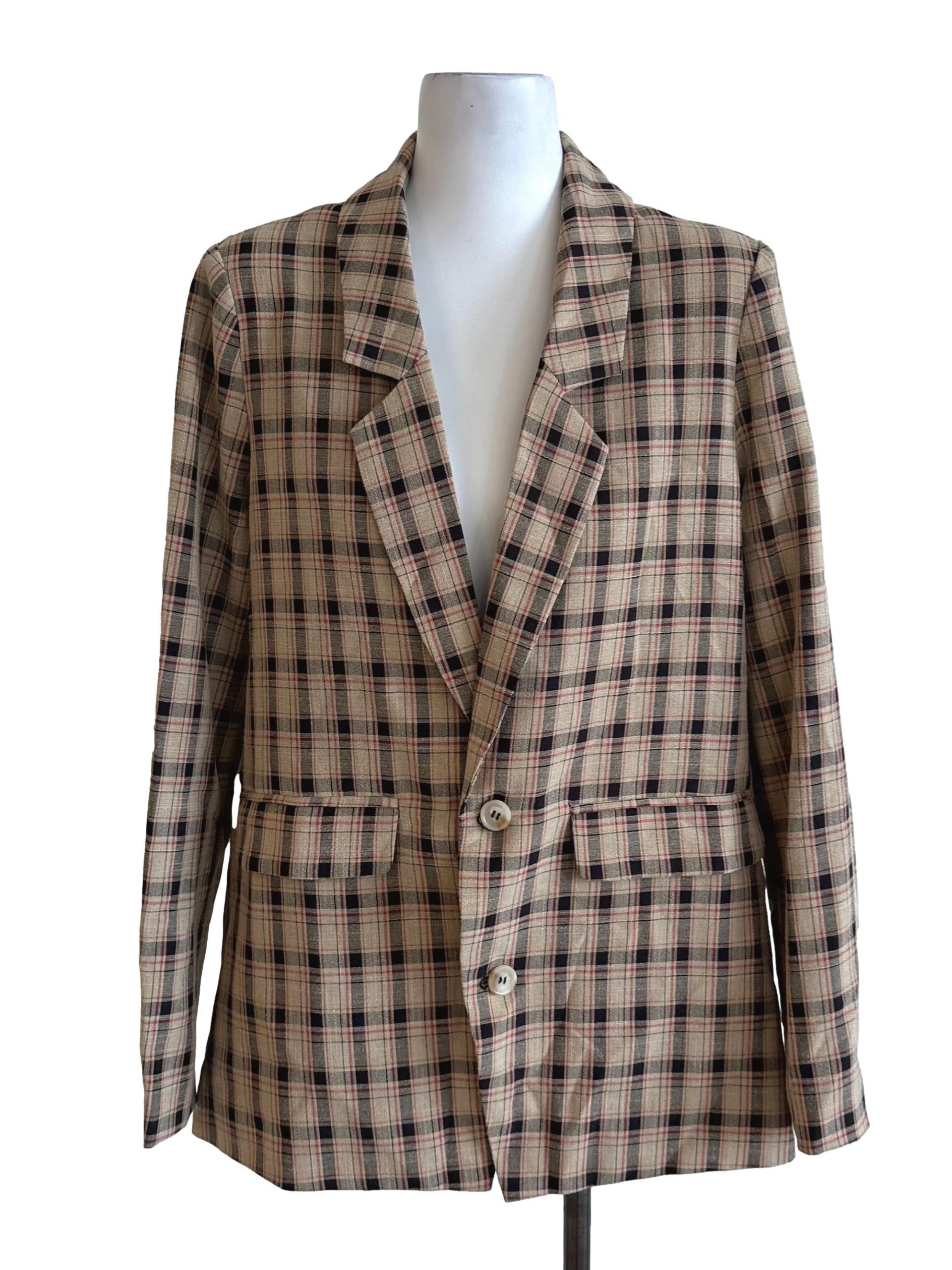 Khaki Brown Plaid Button Blazer