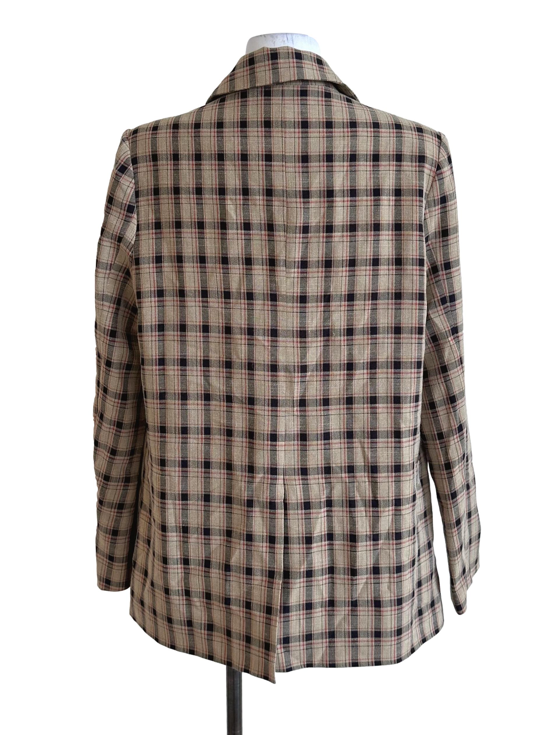 Khaki Brown Plaid Button Blazer
